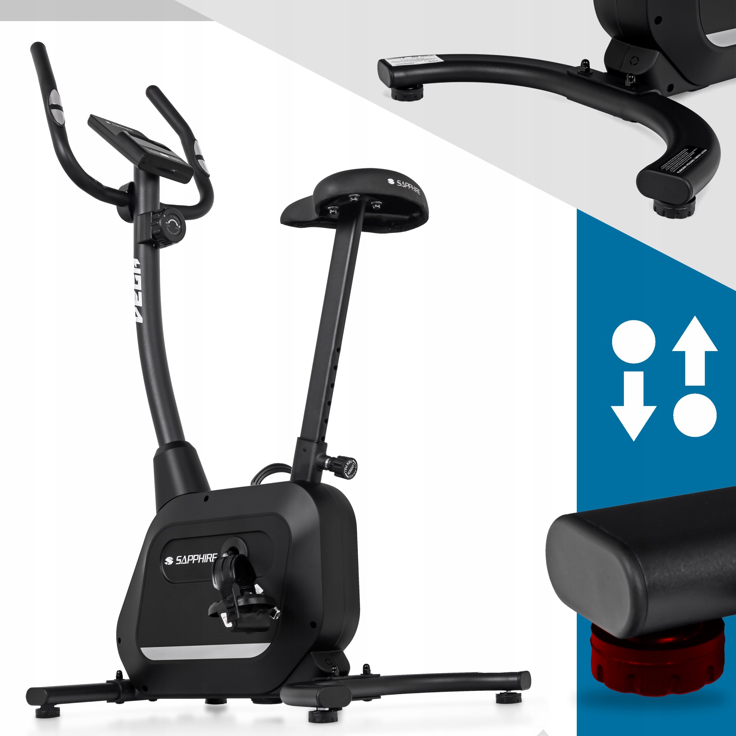 Czarny rower treningowy stacjonarny z magnetycznym oporem, posiada wyświetlacz i regulowane siodełko. Na obudowie widoczne jest logo \'SAPPHIRE\'.
