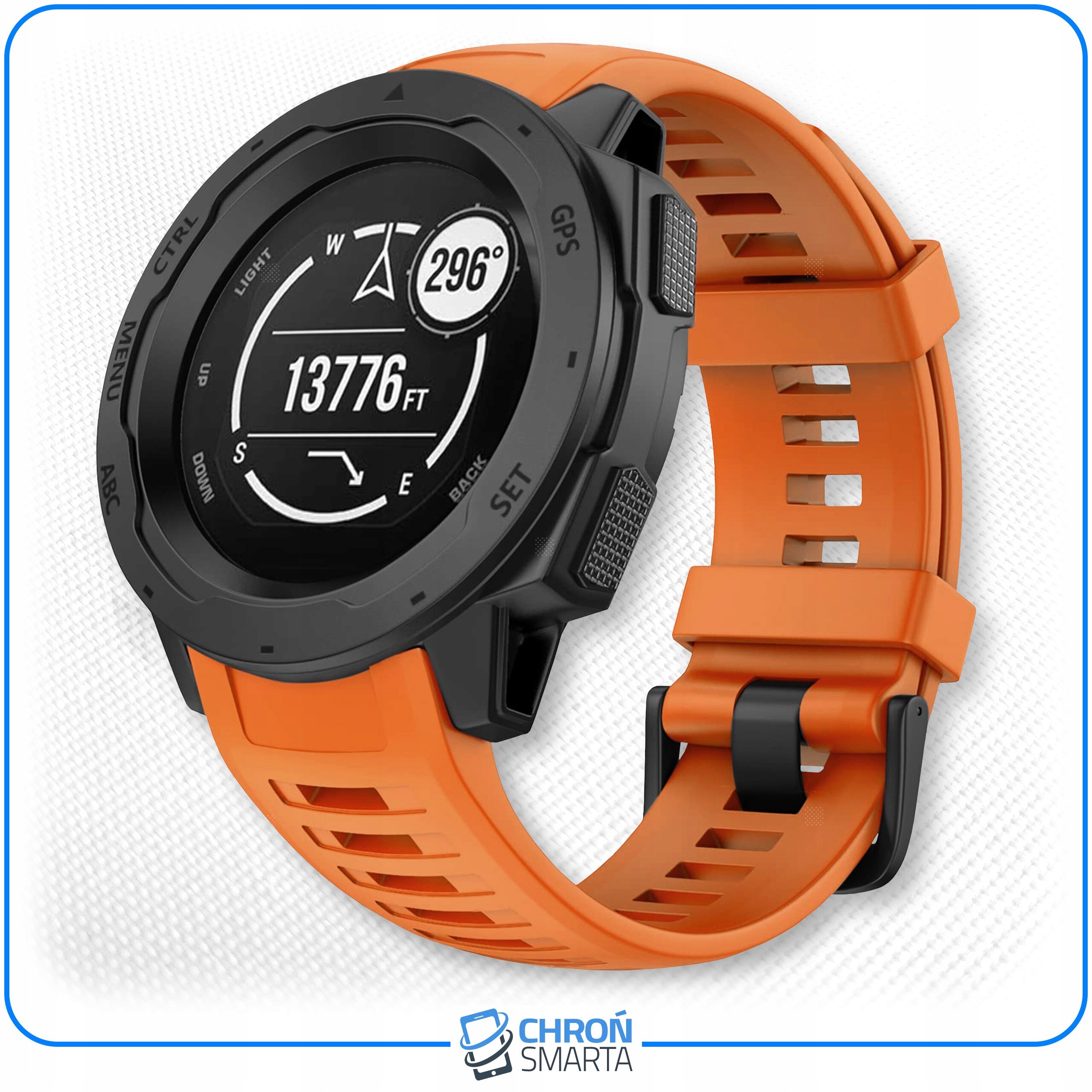 Smartwatch z pomarańczowym paskiem i czarną kopertą, na ekranie widoczny jest kompas z kierunkami W, E, S oraz wartość 13776 FT. Na dole znajduje się logo \'CHROŃ SMARTA\'.