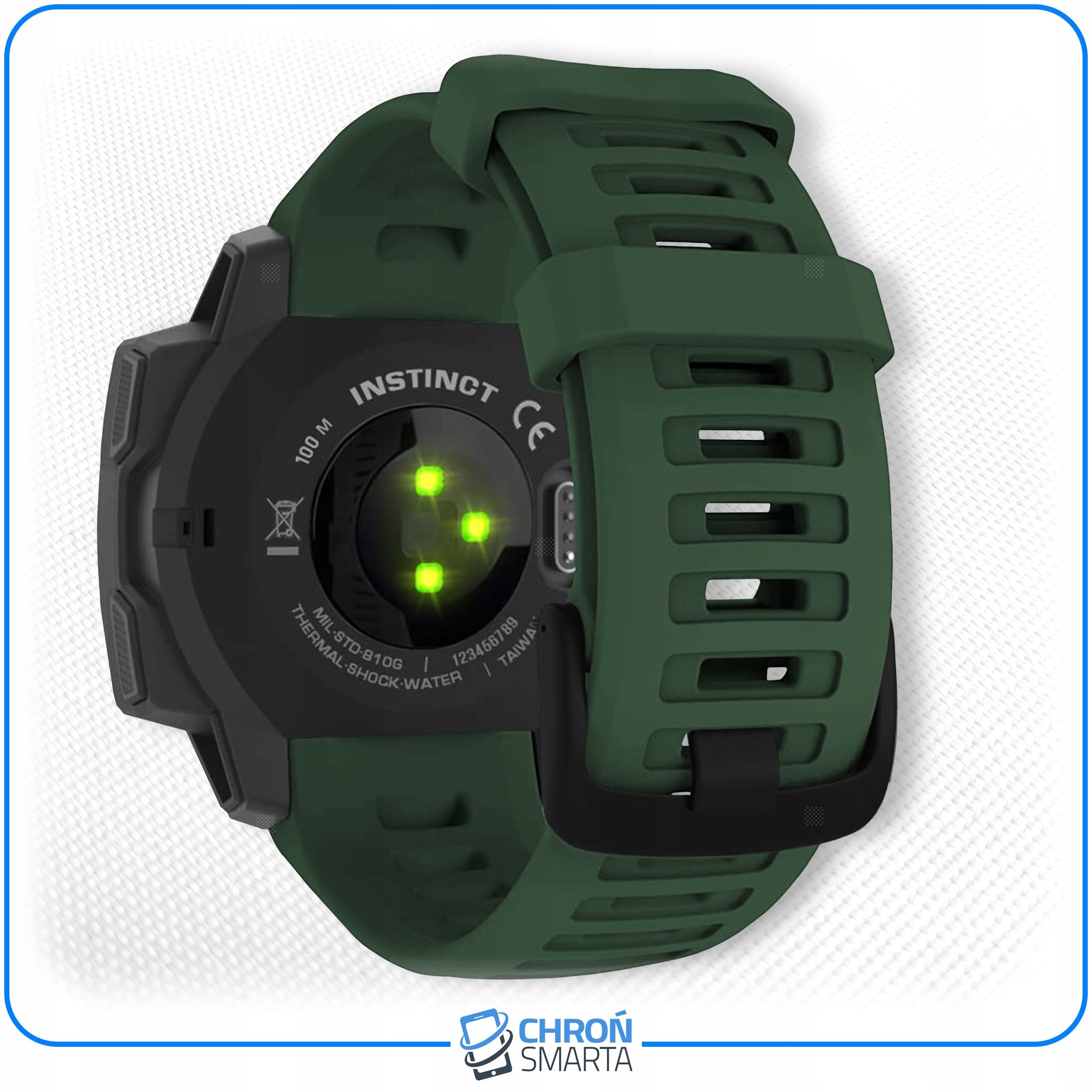 Zielony pasek do smartwatcha z widocznym tyłem urządzenia, na którym znajdują się napisy: \'INSTINCT\', \'100 M\', \'THERMAL-SHOCK-WATER\'. Logo \'CHROŃ SMARTA\' znajduje się na dole obrazu.
