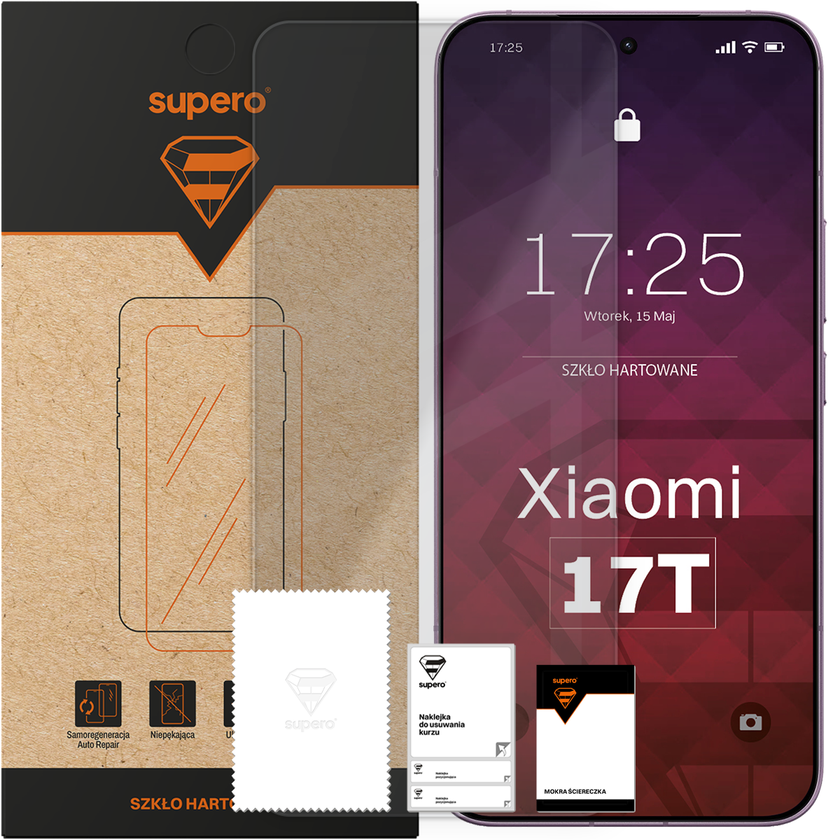 Opakowanie szkła hartowanego z logo \'supero\' oraz telefon z wyświetlaczem pokazującym godzinę 17:25 i napis \'Xiaomi 17T\'. Widoczne są również akcesoria: ściereczka i naklejka do usuwania kurzu.