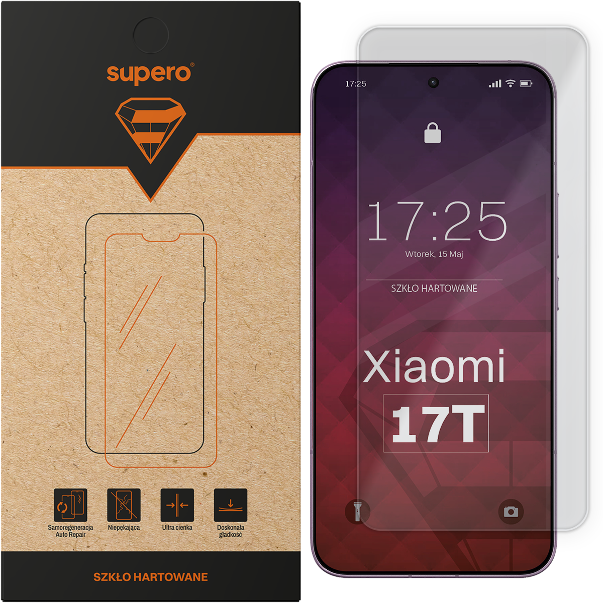 Opakowanie szkła hartowanego z logo \'supero\' oraz telefon z nałożonym szkłem, na ekranie widoczny napis \'Xiaomi 17T\'.