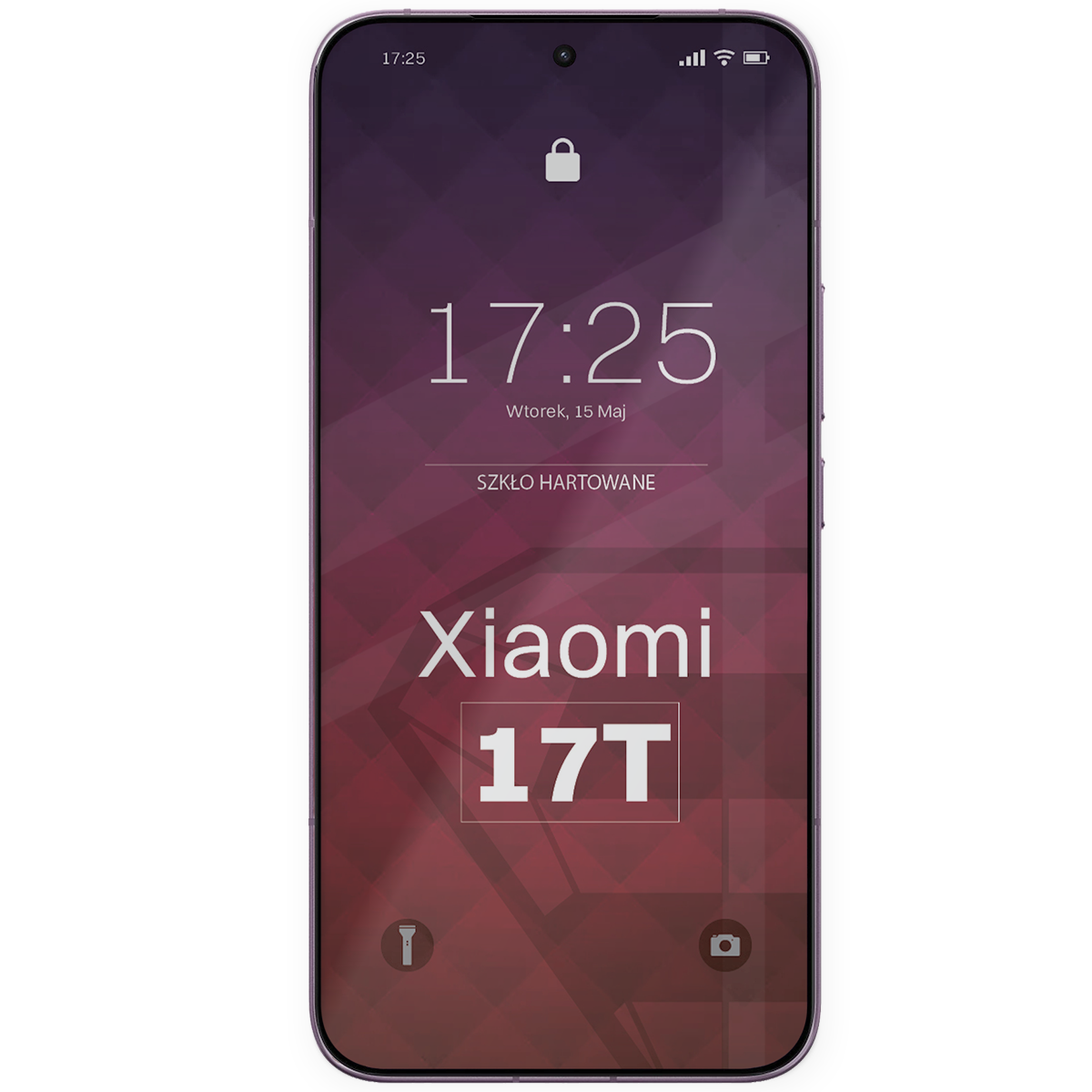 Na obrazie widoczny jest ekran telefonu z wyświetlonym tekstem: \'17:25, Wtorek, 15 Maj, SZKŁO HARTOWANE, Xiaomi 17T\'. Ekran ma ciemne, geometryczne tło z ikonami latarki i aparatu na dole.