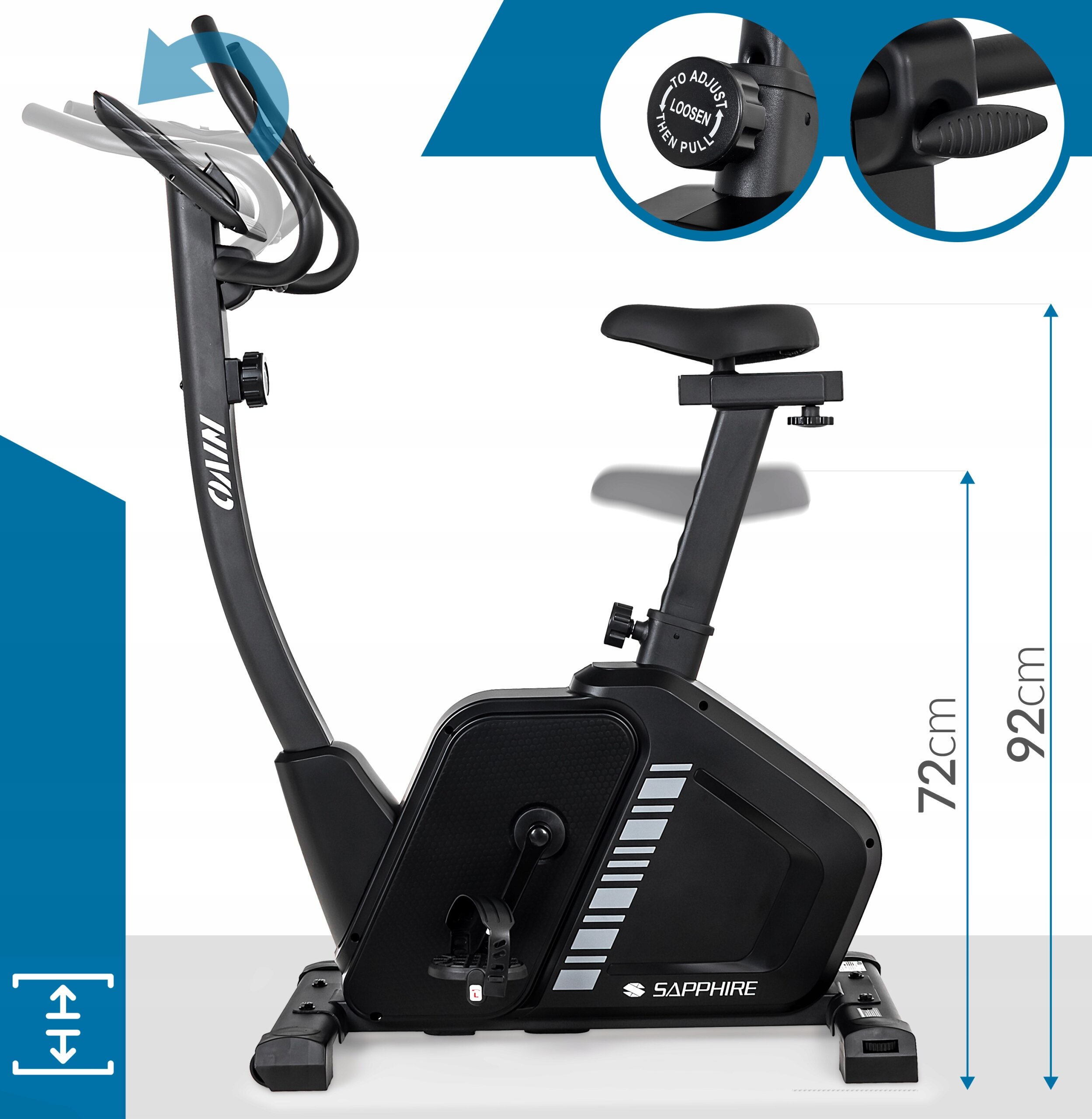 Czarny rower treningowy stacjonarny z logo \'SAPPHIRE\' na obudowie, posiada regulowane siodełko i kierownicę. Widoczne są wymiary 72 cm i 92 cm oraz napis \'TO ADJUST LOOSEN THEN PULL\'.