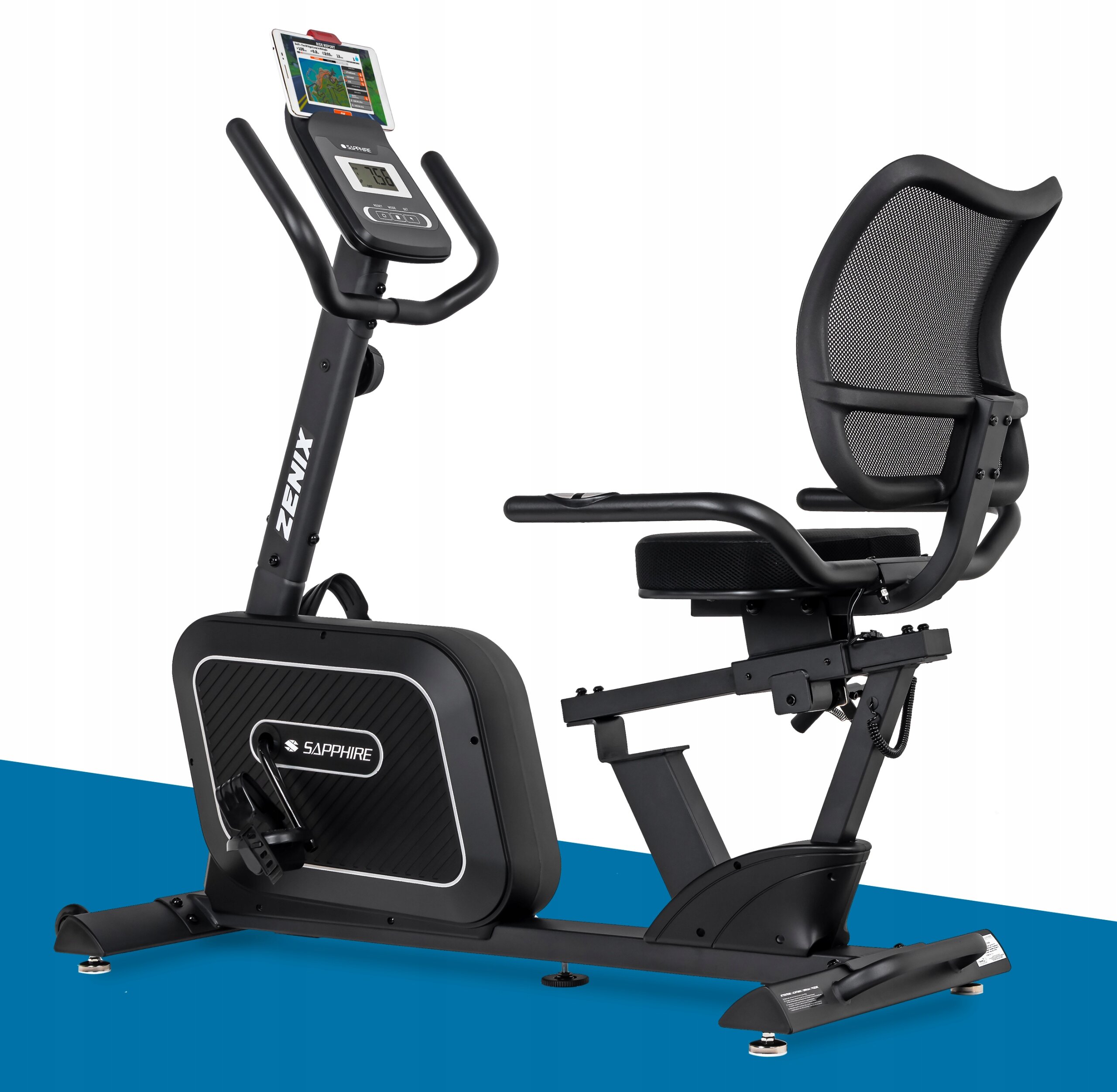 Czarny rower treningowy stacjonarny magnetyczny poziomy z wygodnym siedziskiem i oparciem. Na ramie widoczne są napisy \'ZENIX\' i \'SAPPHIRE\'.