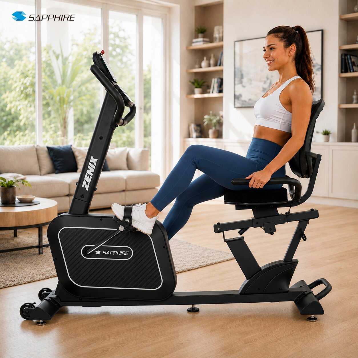 Osoba ćwiczy na czarnym rowerze treningowym stacjonarnym magnetycznym poziomym w jasnym pokoju. Na rowerze widoczne są napisy \'SAPPHIRE\' i \'ZENIX\'.