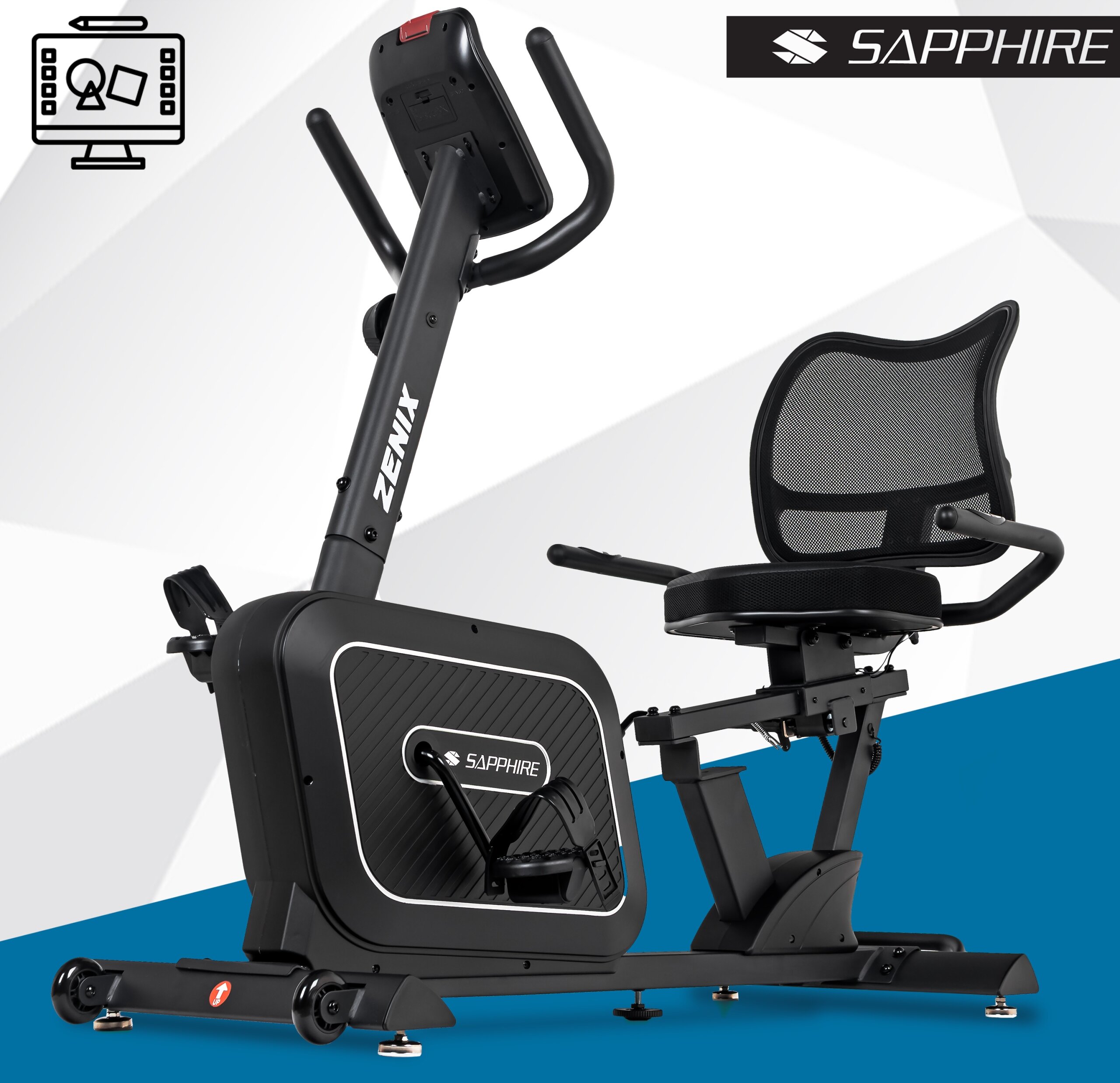 Czarny rower treningowy stacjonarny magnetyczny poziomy leżący z napisem \'ZENIX\' na ramie i logo \'SAPPHIRE\' na obudowie. W tle widoczne jest logo producenta oraz ikona monitora.