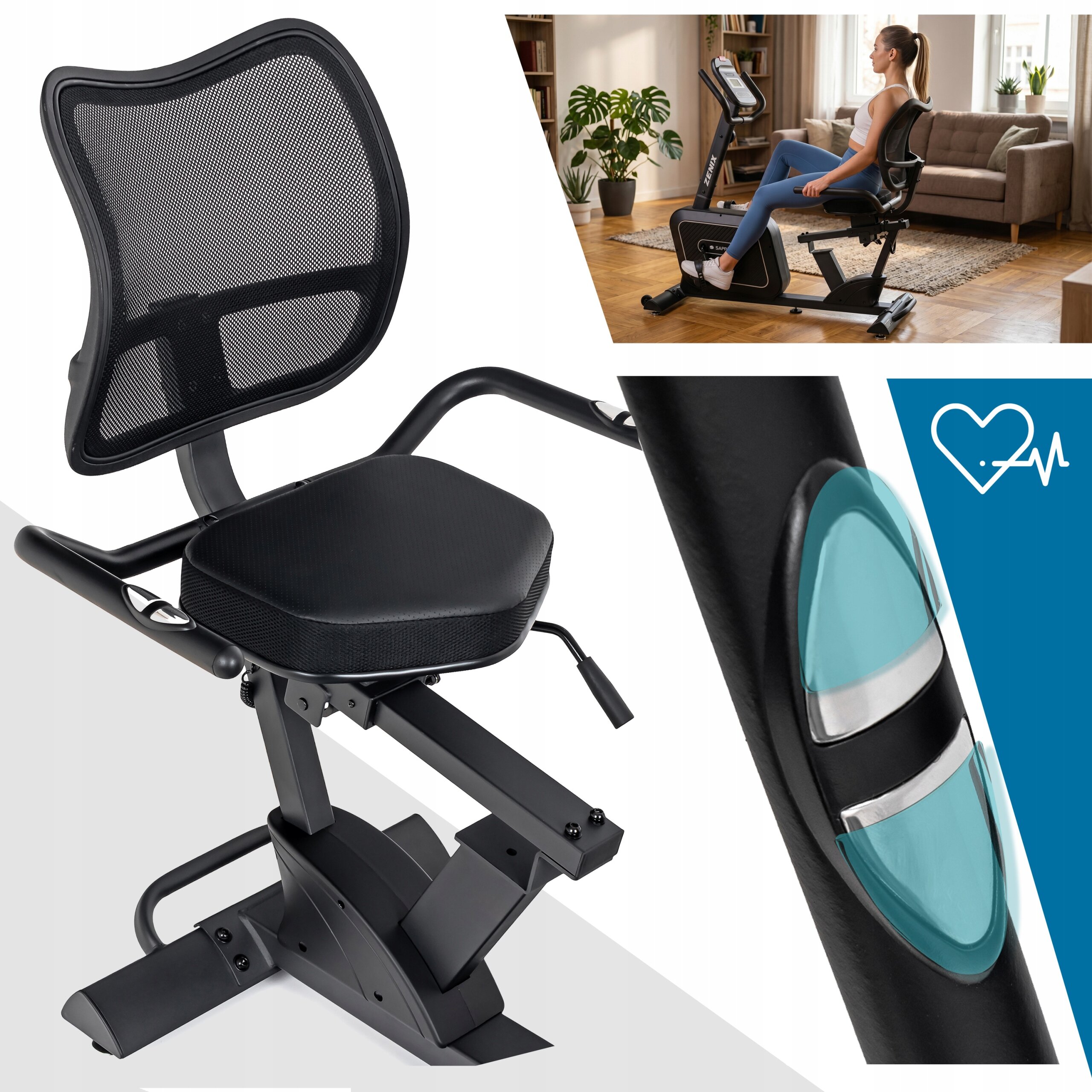 Obraz przedstawia stacjonarny rower treningowy z czarnym siedziskiem i oparciem z siatki. W tle widoczna jest osoba ćwicząca na rowerze w domowym wnętrzu oraz niebieska ikona z symbolem serca i wykresem EKG.