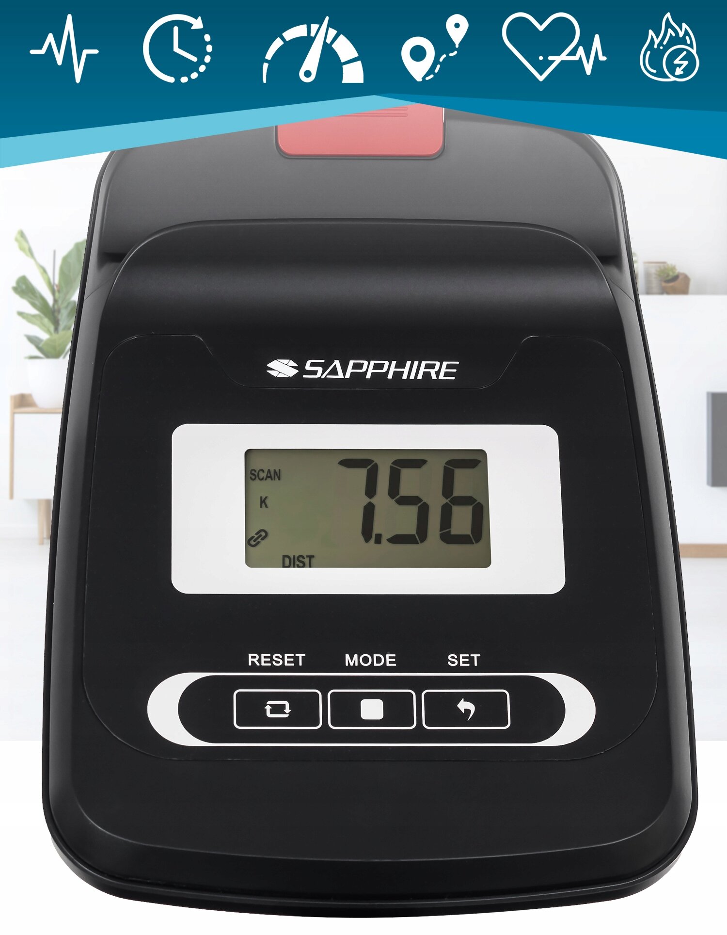Wyświetlacz urządzenia fitness z logo SAPPHIRE pokazuje wartość 7.56 oraz przyciski RESET, MODE i SET. Na górze widoczne są ikony związane z aktywnością fizyczną.