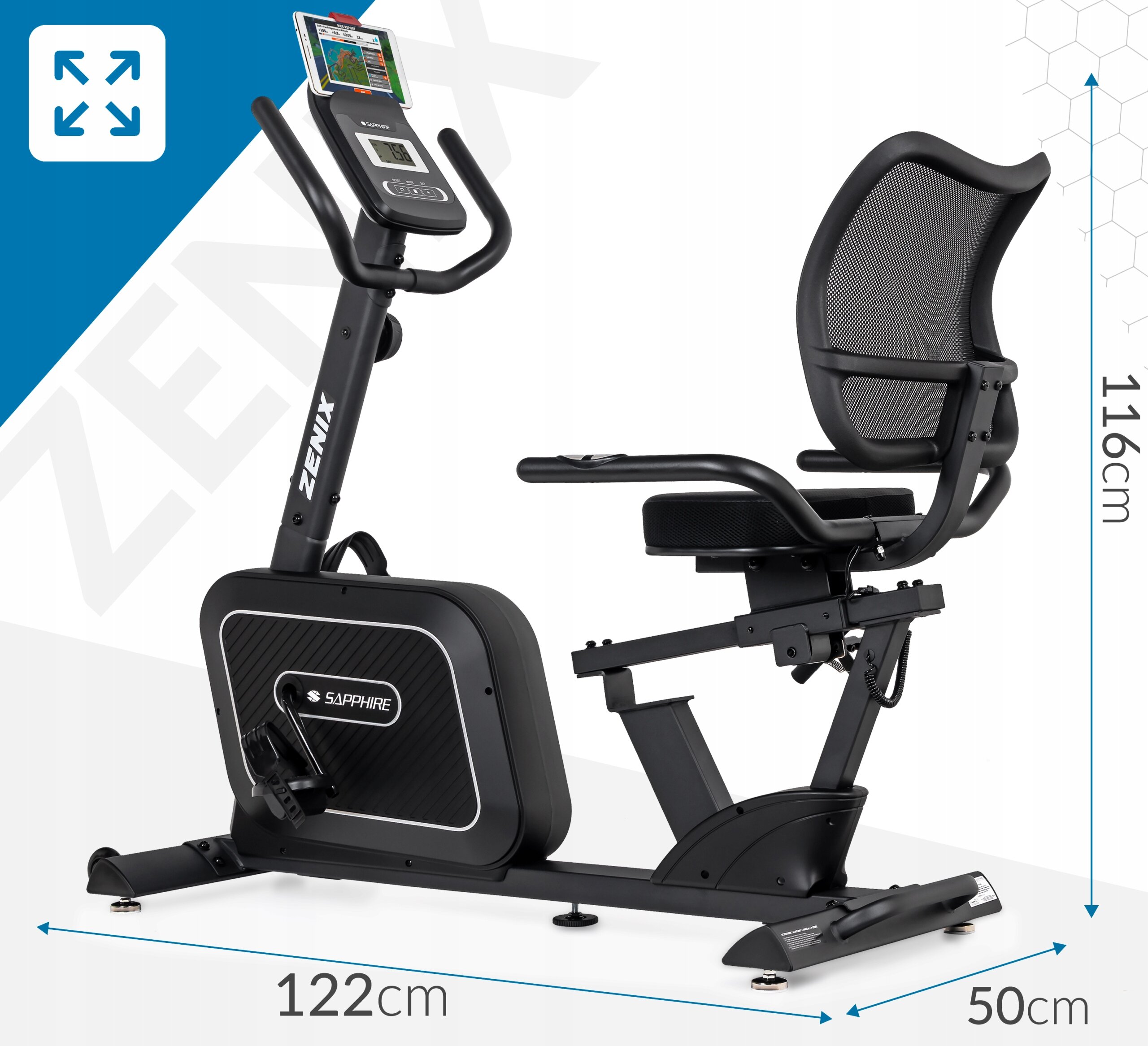 Czarny rower treningowy stacjonarny magnetyczny poziomy z napisem \'ZENIX\' na ramie i logo \'SAPPHIRE\' na obudowie. Wymiary urządzenia to 122 cm długości, 116 cm wysokości i 50 cm szerokości.