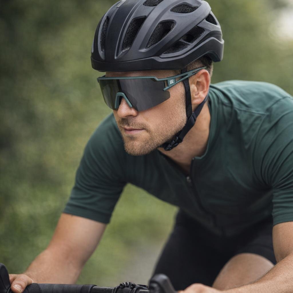 Osoba w kasku rowerowym nosi sportowe okulary przeciwsłoneczne z ciemnymi szkłami. W tle rozmyte zielone otoczenie sugerujące plener.