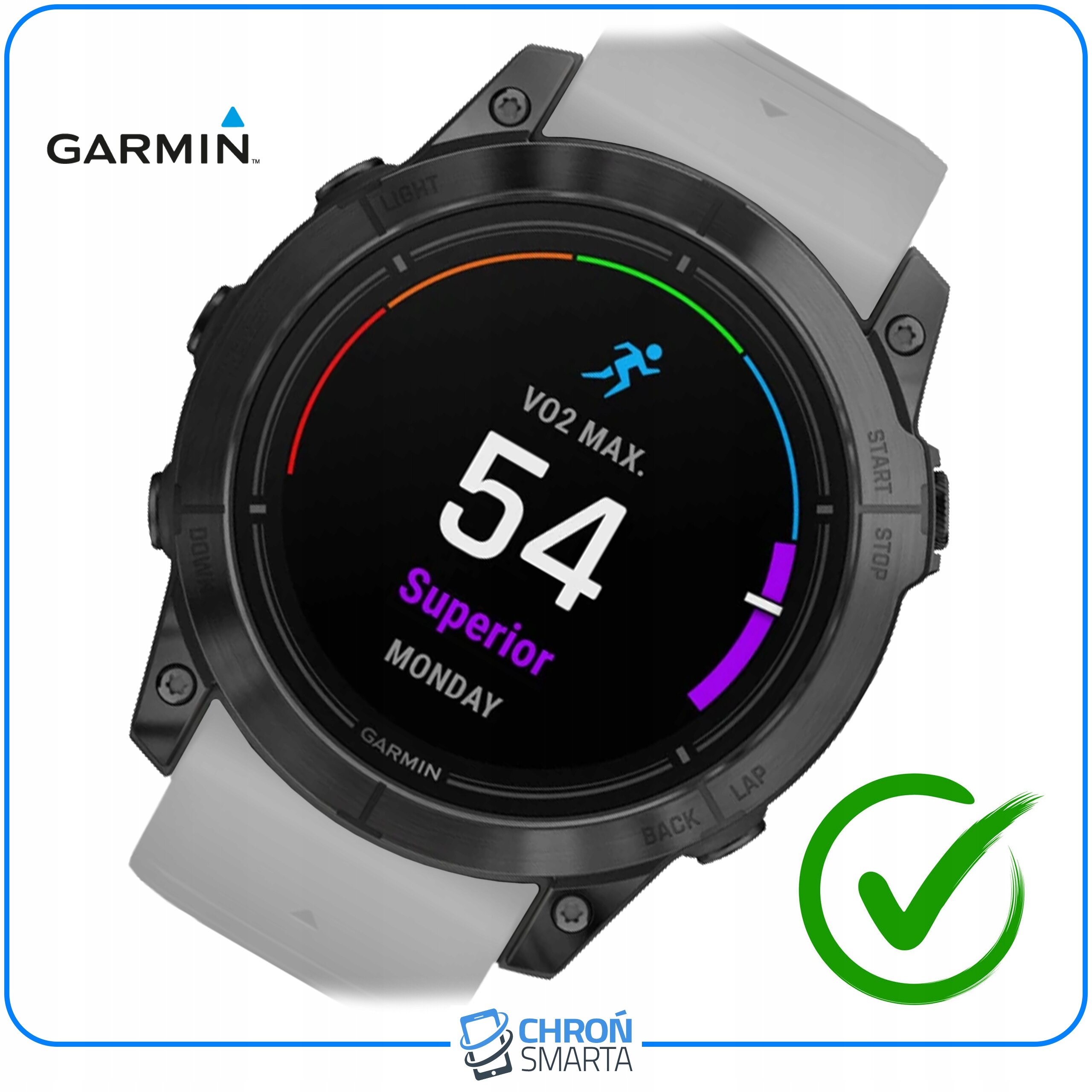 Na obrazie widoczny jest smartwatch z okrągłym wyświetlaczem, na którym pokazane są dane VO2 MAX: 54, z opisem \'Superior\' i dniem tygodnia \'Monday\'. W lewym górnym rogu znajduje się logo \'GARMIN\', a w prawym dolnym rogu zielony znak wyboru.