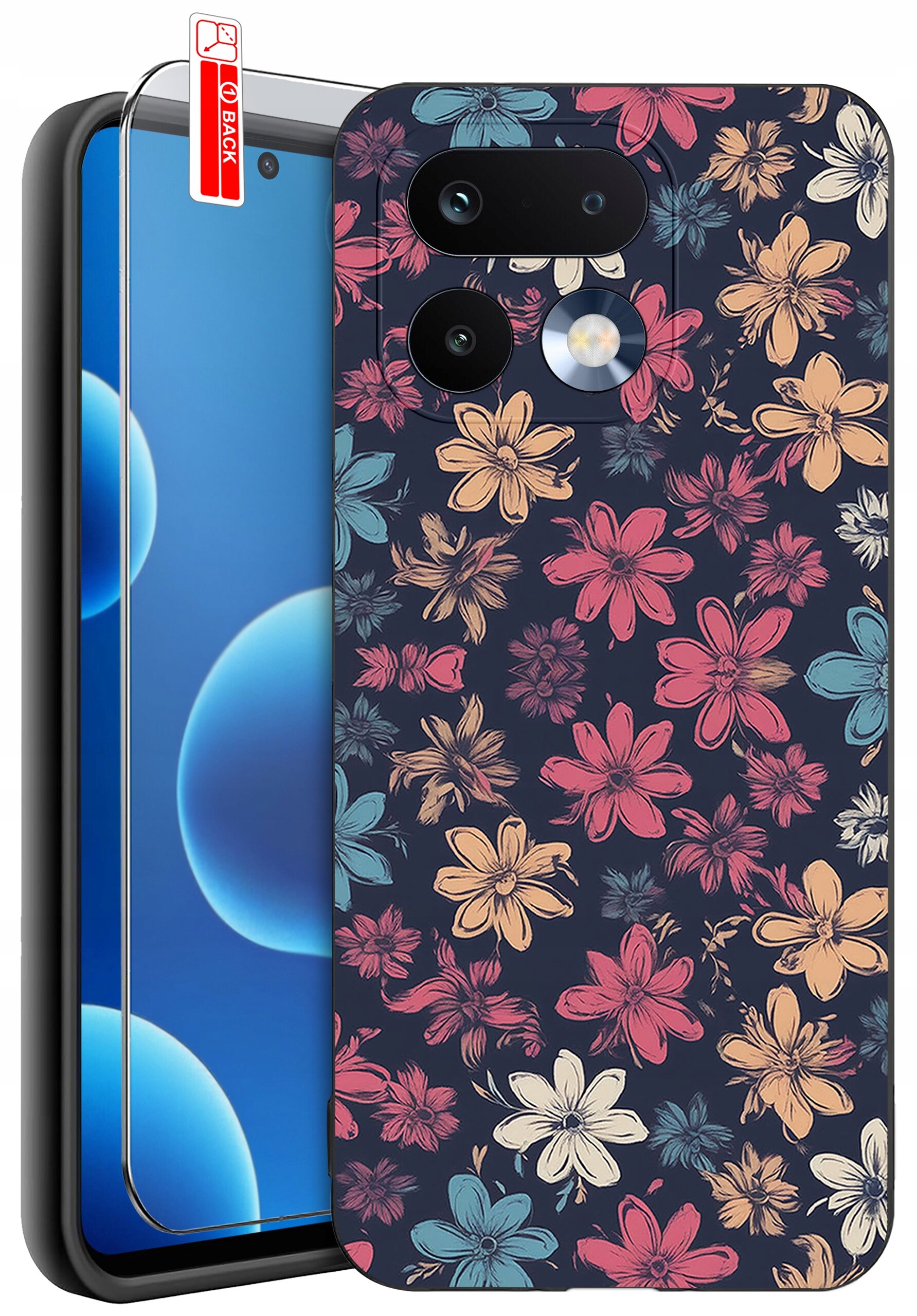 Obraz przedstawia telefon z nałożonym etui o wzorze kwiatowym w różnych kolorach oraz szkło ochronne z napisem \'BACK\'.