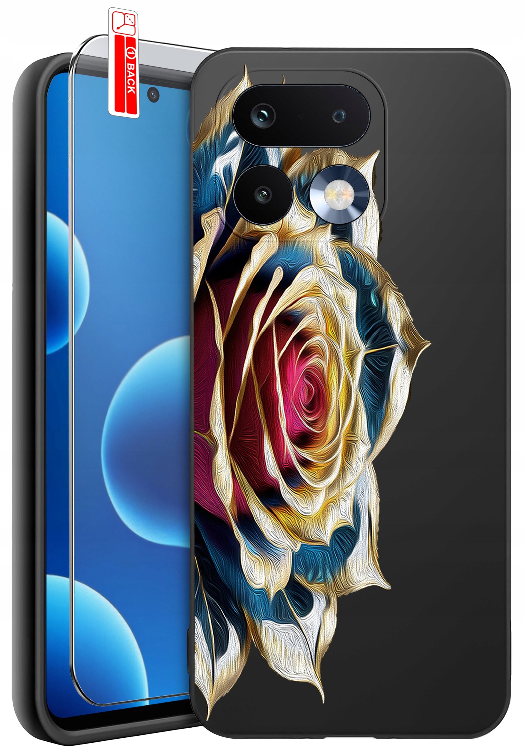 Etui na telefon z kolorowym wzorem róży, obok którego znajduje się szkło ochronne z napisem \'BACK\'.