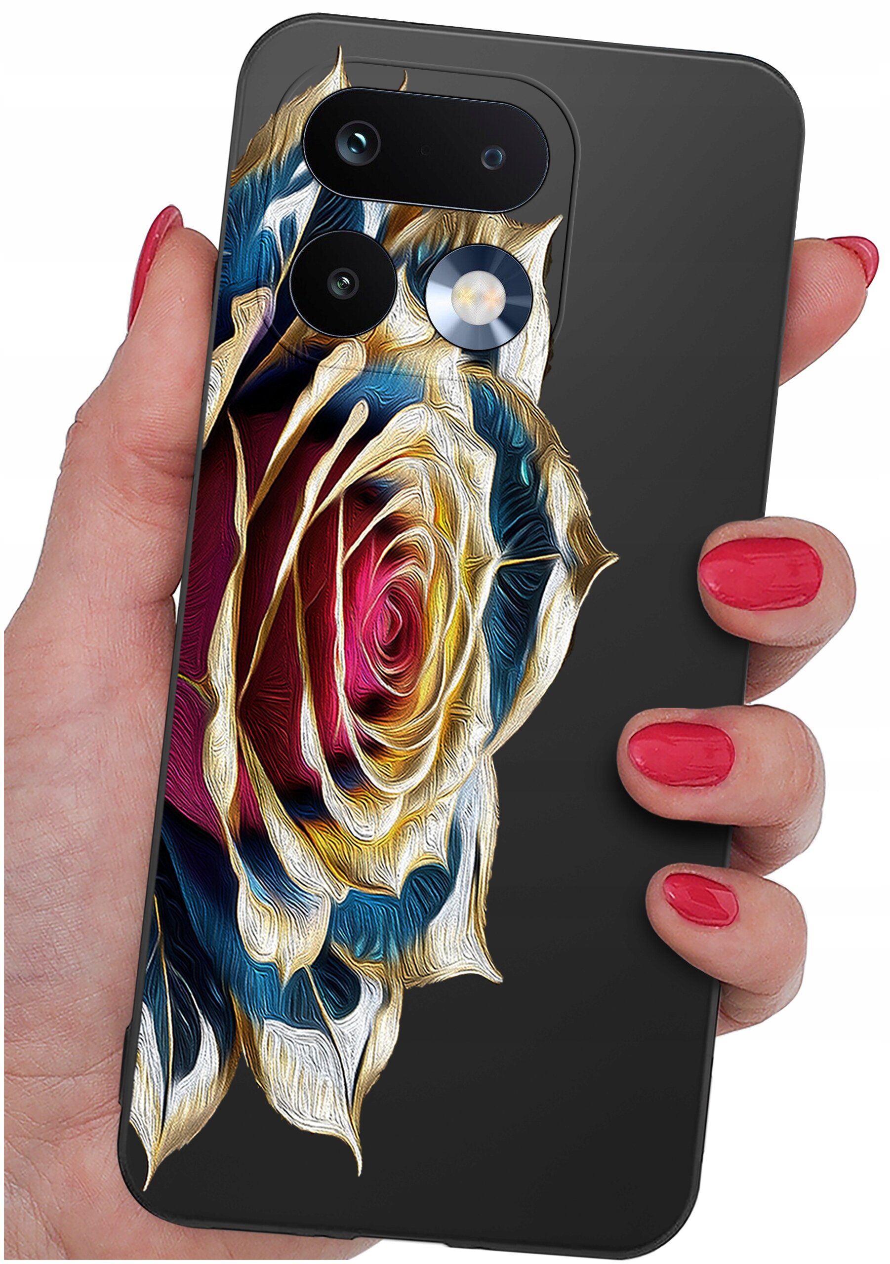 Osoba trzyma telefon z etui ozdobionym wzorem kolorowej róży. Etui jest ciemne, a wzór róży ma odcienie czerwieni, złota i niebieskiego.
