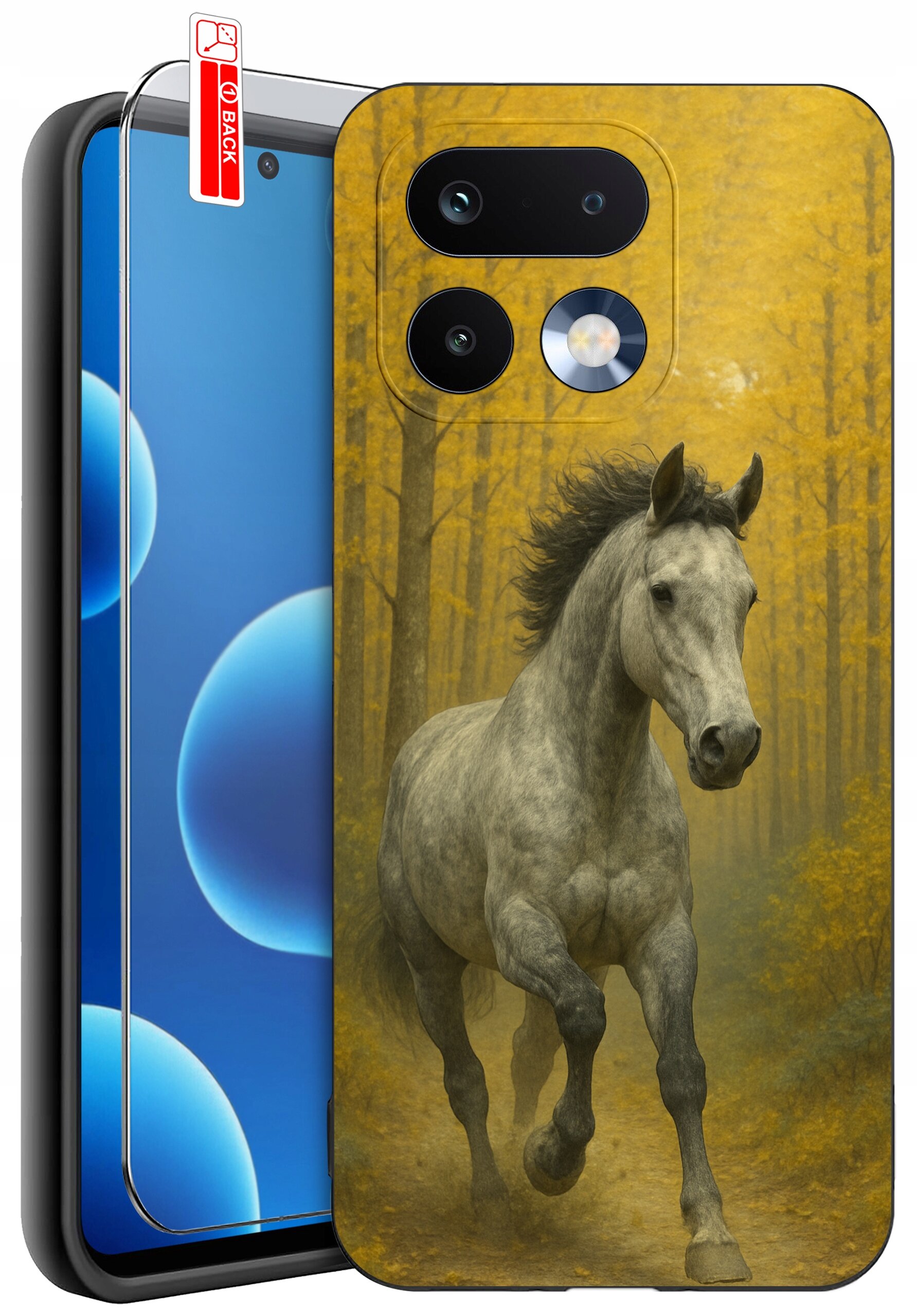 Etui na telefon z nadrukiem galopującego konia na tle jesiennego lasu. Obok etui znajduje się szkło ochronne z oznaczeniem \'BACK\'.