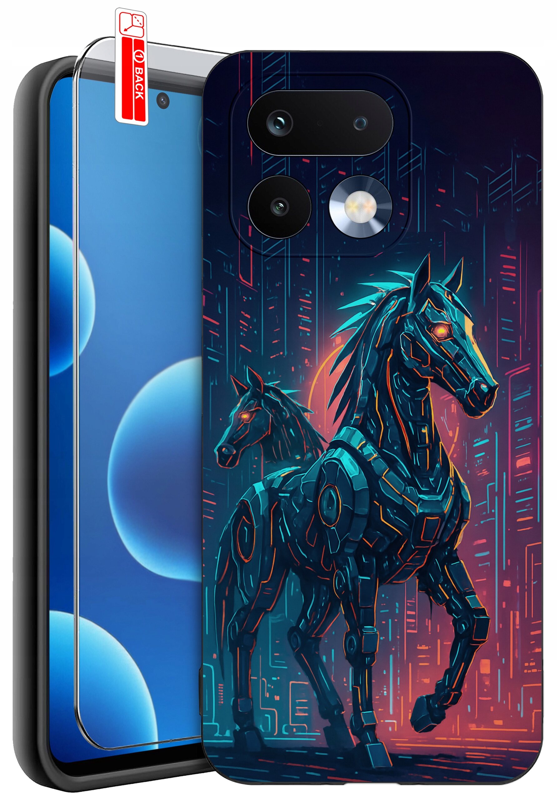 Etui na telefon z wzorem przedstawiającym dwa futurystyczne konie na tle abstrakcyjnego miasta. Obok etui znajduje się szkło ochronne z oznaczeniem \'BACK\'.