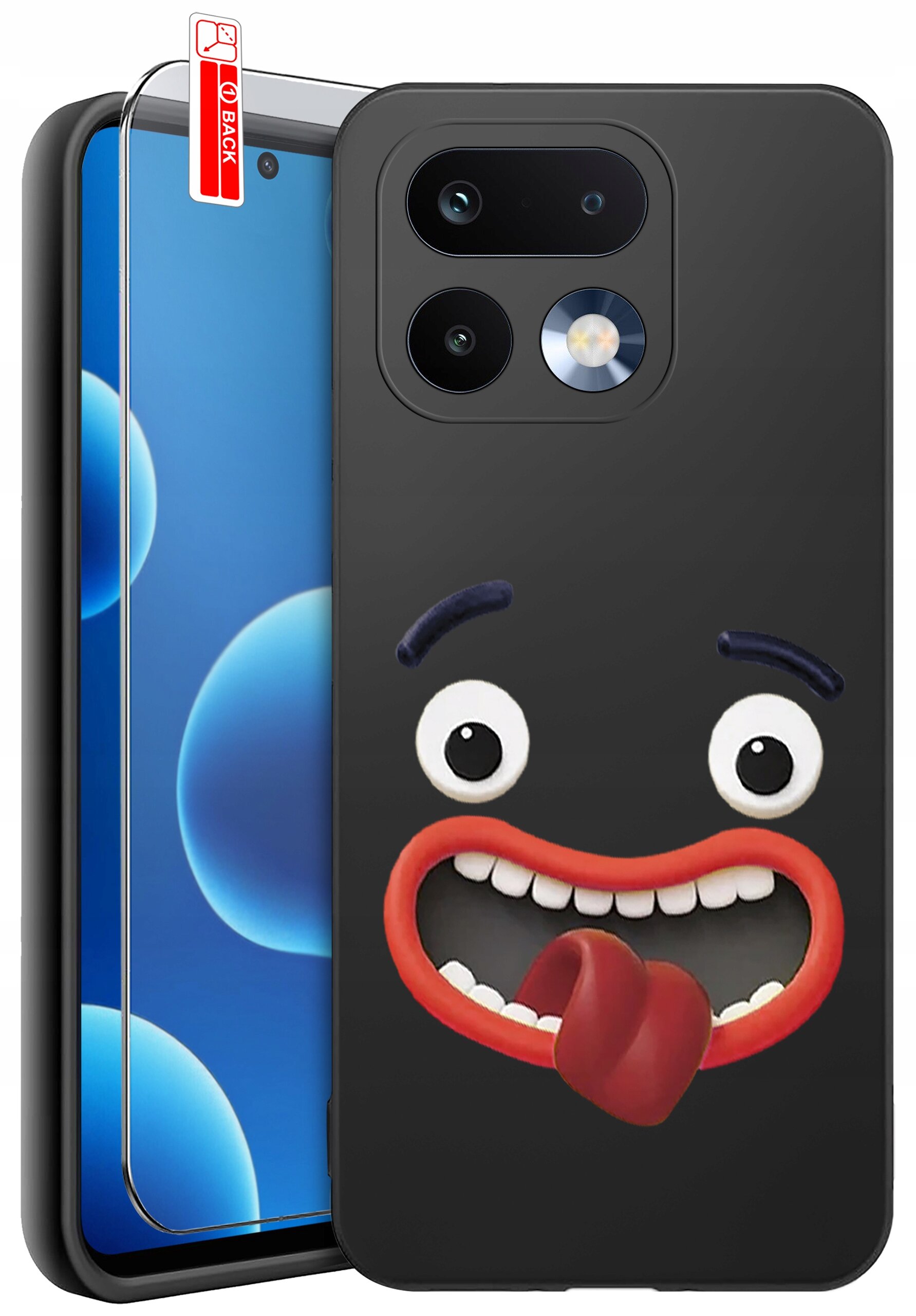 Na obrazie widoczne jest czarne etui na telefon z nadrukiem uśmiechniętej twarzy z wystawionym językiem oraz szkło ochronne z oznaczeniem \'BACK\'.