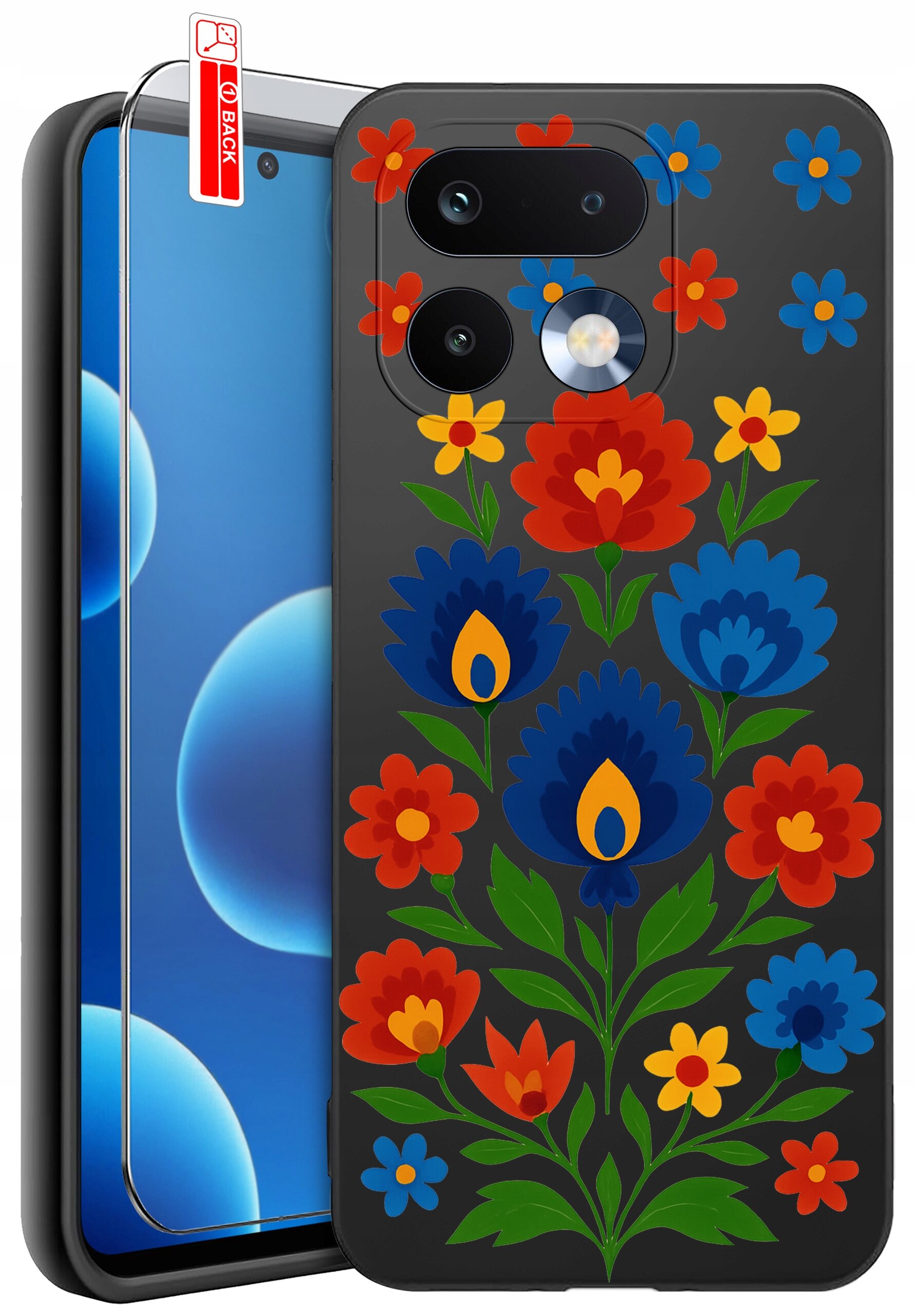 Etui na telefon z kolorowym wzorem kwiatowym w odcieniach niebieskiego, czerwonego i żółtego. Obok etui znajduje się szkło ochronne z napisem \'BACK\'.