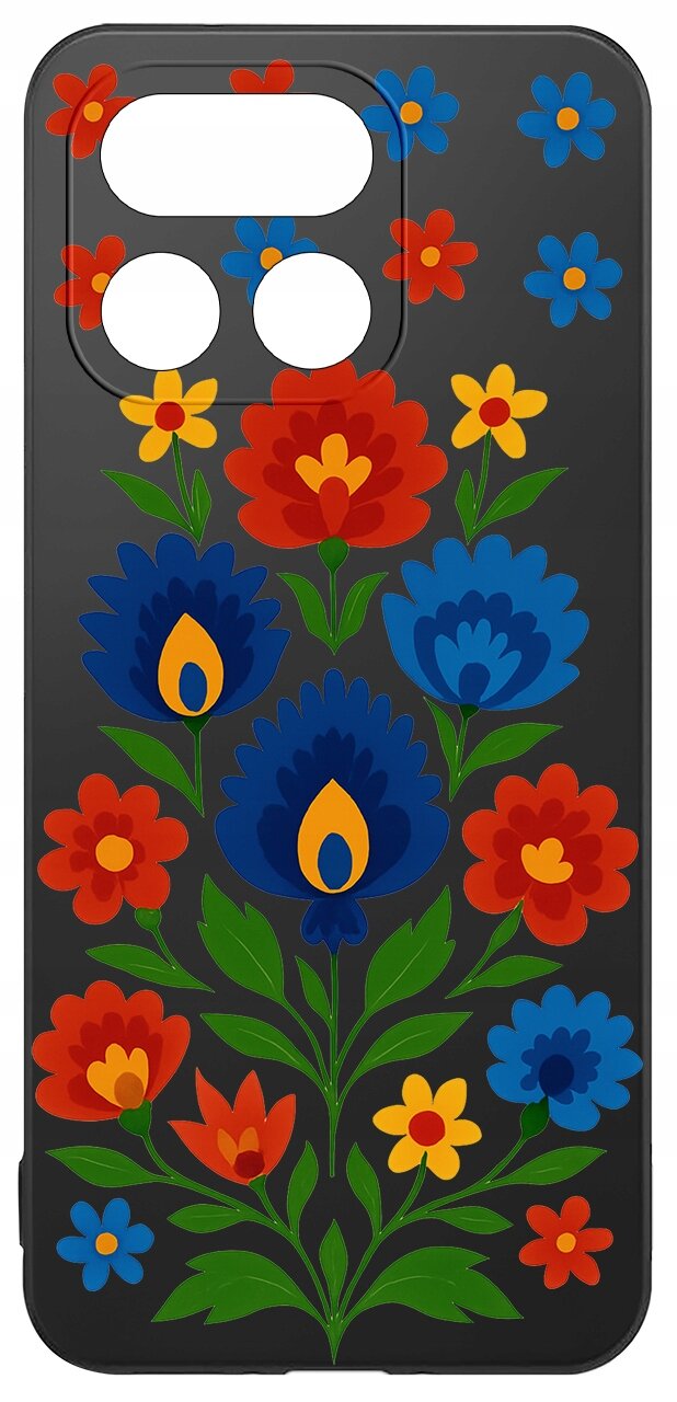 Etui na telefon z kolorowym wzorem kwiatowym na czarnym tle, z wycięciami na aparat i inne elementy.