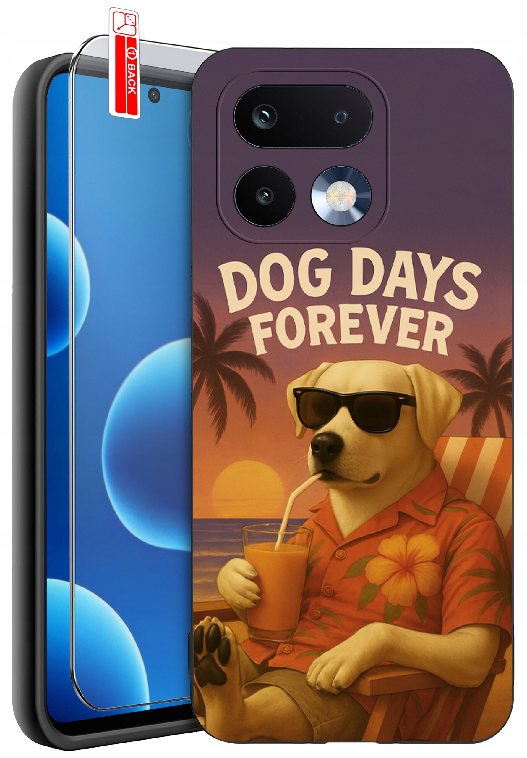 Etui na telefon z grafiką psa w okularach przeciwsłonecznych, siedzącego na leżaku z napojem, z napisem \'DOG DAYS FOREVER\'. Obok etui znajduje się szkło ochronne na ekran z oznaczeniem \'BACK\'.