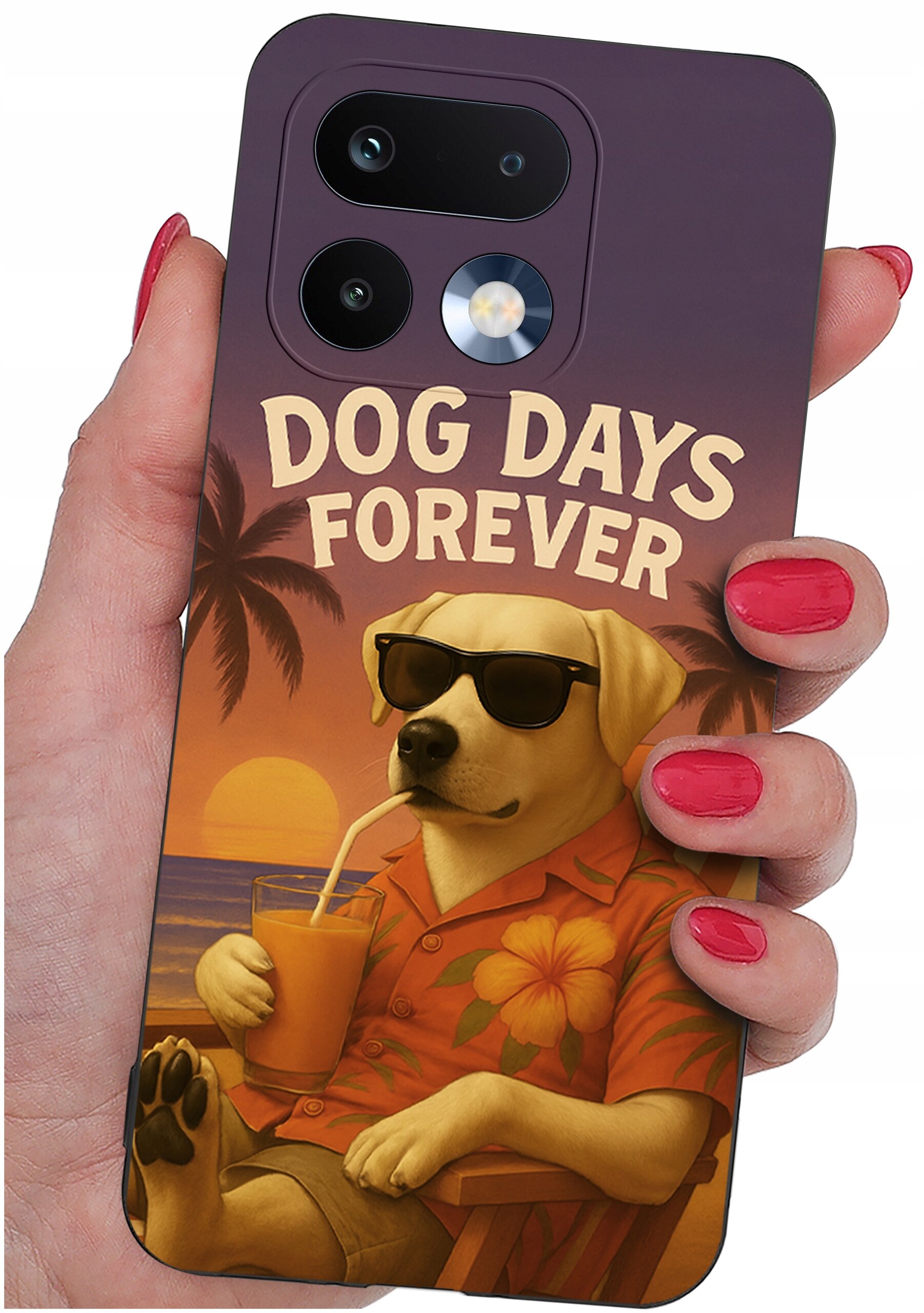Etui na telefon z nadrukiem psa w okularach przeciwsłonecznych, trzymającego napój z napisem \'DOG DAYS FOREVER\'. W tle widoczne są palmy i zachodzące słońce.
