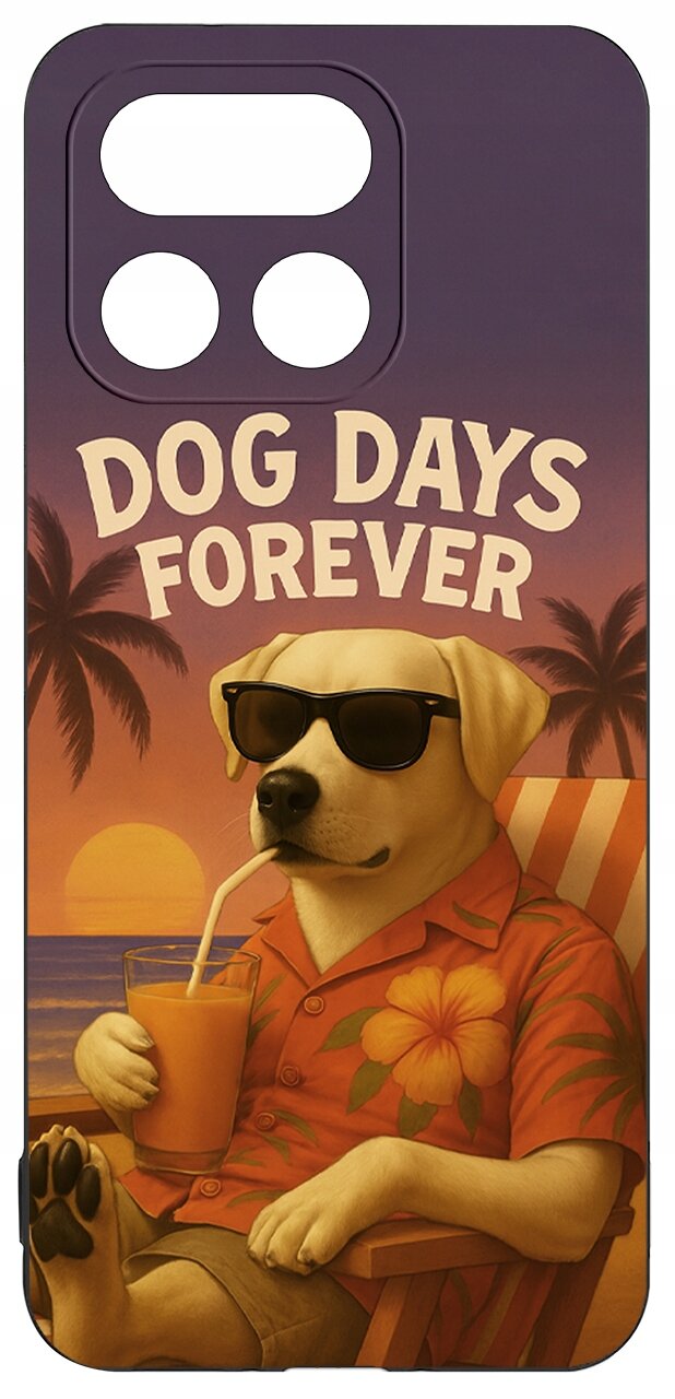 Etui z nadrukiem psa w okularach przeciwsłonecznych, siedzącego na leżaku z napojem w ręku. Na górze widoczny napis \'DOG DAYS FOREVER\'.