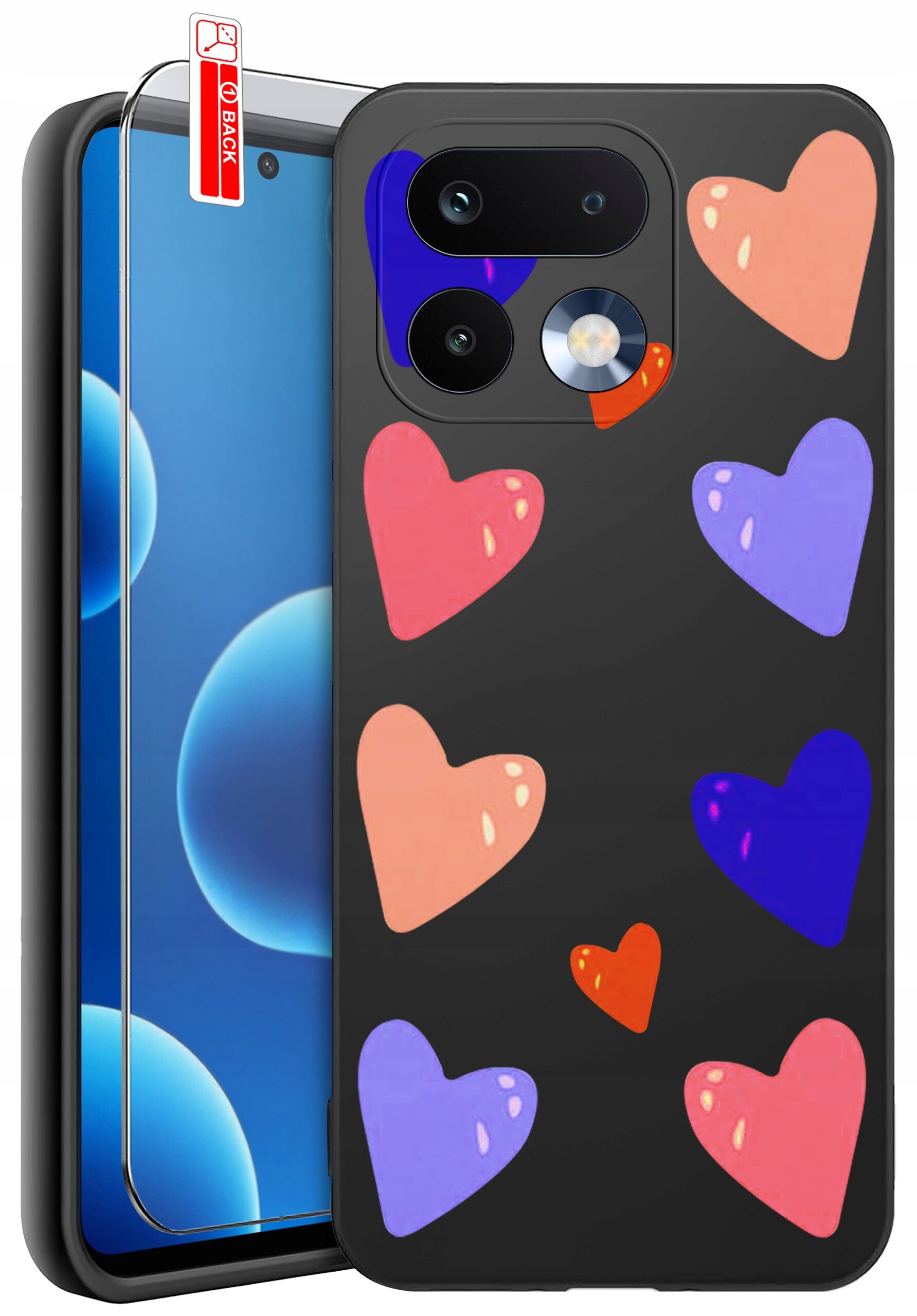 Na obrazie widoczne jest silikonowe etui na telefon z kolorowymi sercami oraz szkło ochronne z napisem \'BACK\'.