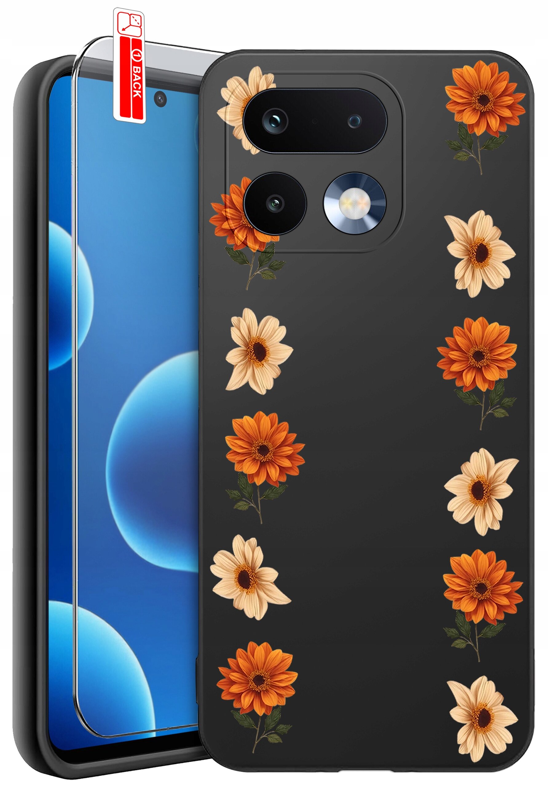 Na obrazie widoczne jest silikonowe etui na telefon z wzorem kwiatów w kolorach pomarańczowym i kremowym. Obok etui znajduje się szkło ochronne z napisem \'BACK\'.