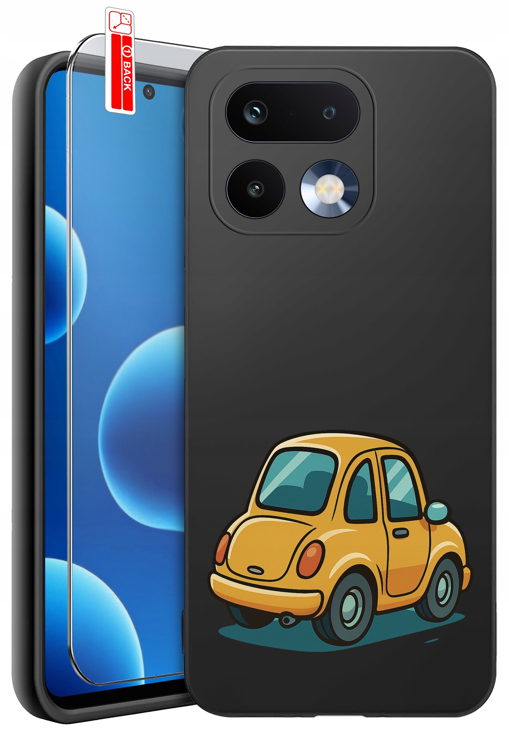 Czarne etui na telefon z nadrukiem żółtego samochodu oraz szkło ochronne z napisem \'BACK\'.