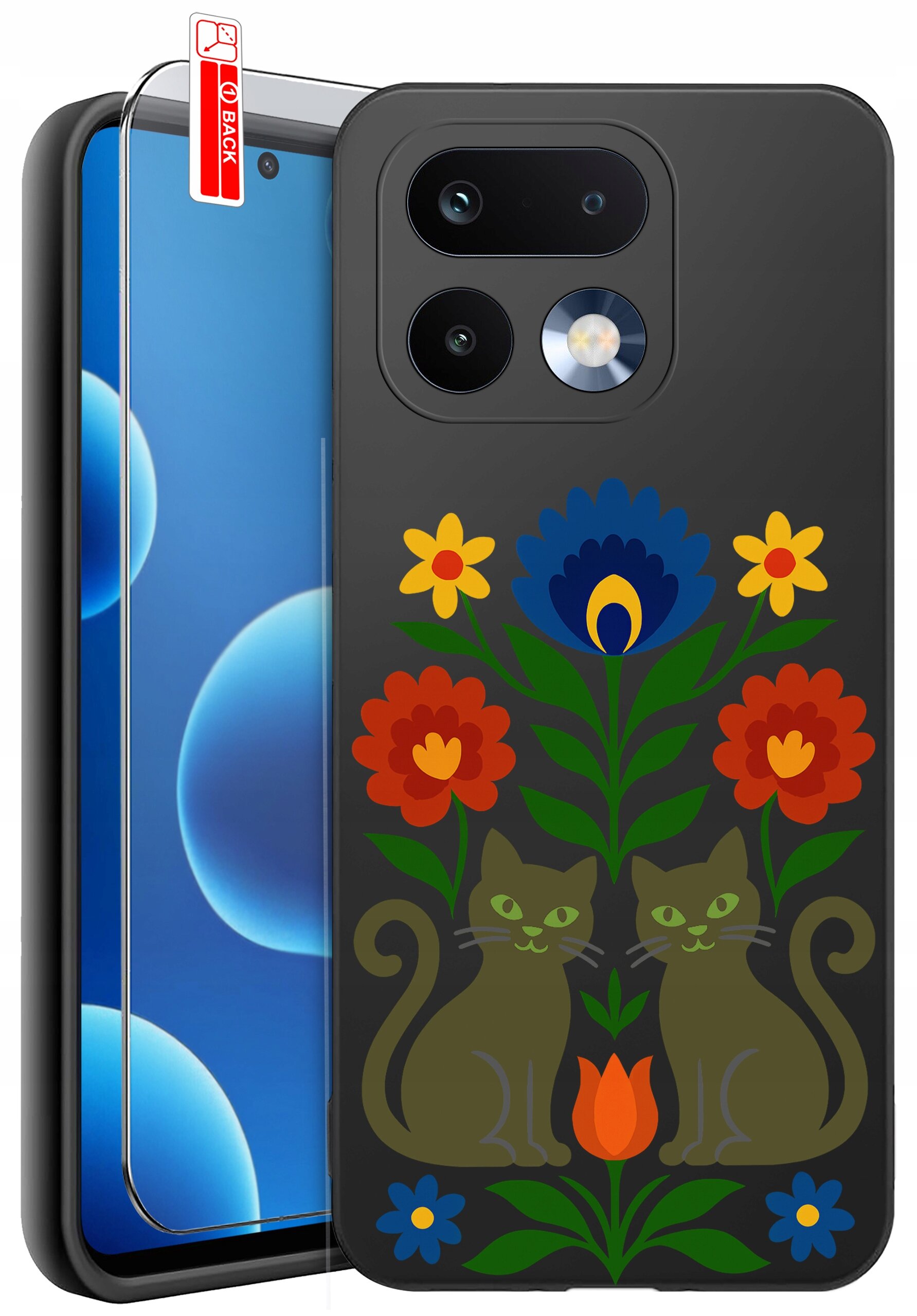 Etui na telefon z kolorowym wzorem przedstawiającym dwa koty otoczone kwiatami. Obok etui znajduje się szkło ochronne z napisem \'BACK\'.