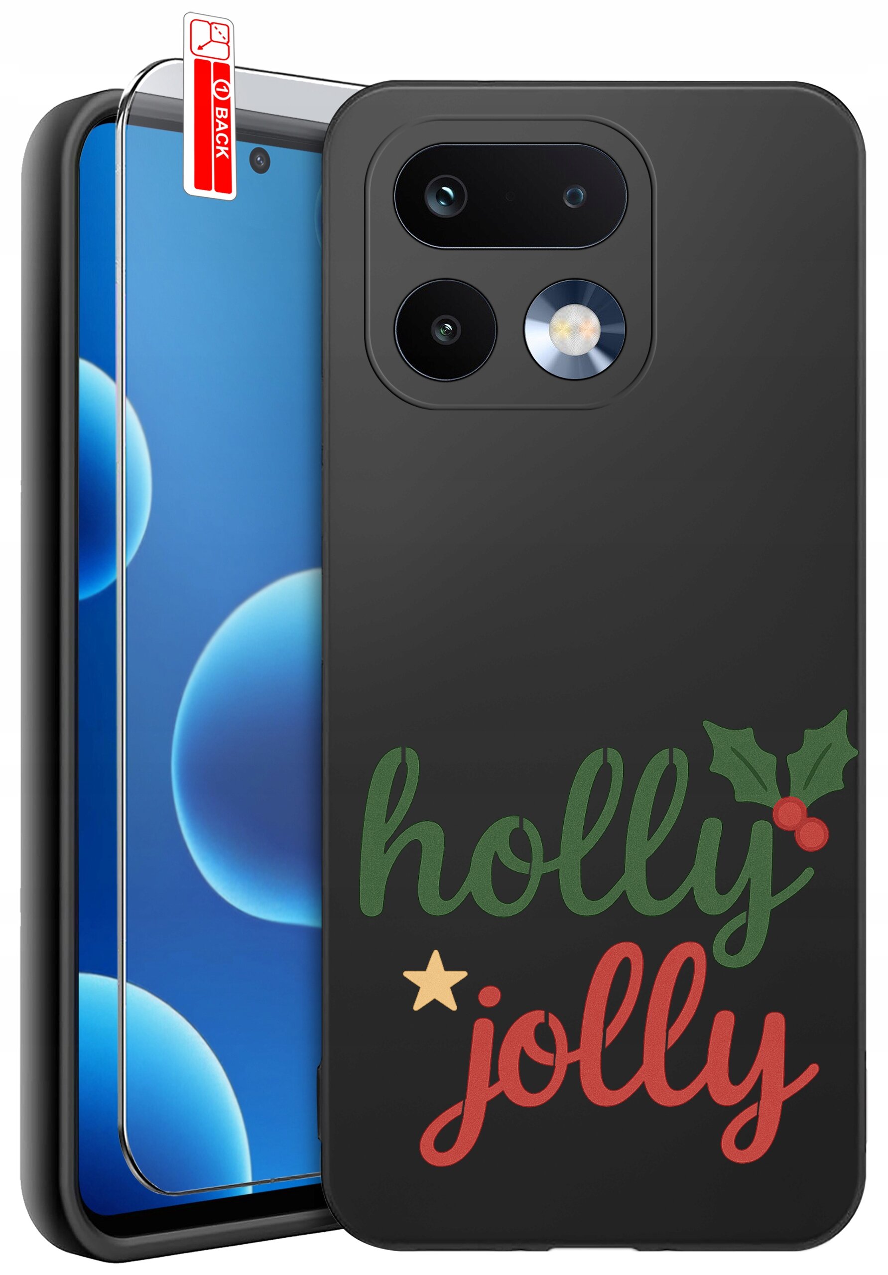 Czarne etui na telefon z napisem \'holly jolly\' oraz grafiką liści ostrokrzewu i czerwonych jagód. Obok etui znajduje się szkło ochronne na ekran z oznaczeniem \'BACK\'.