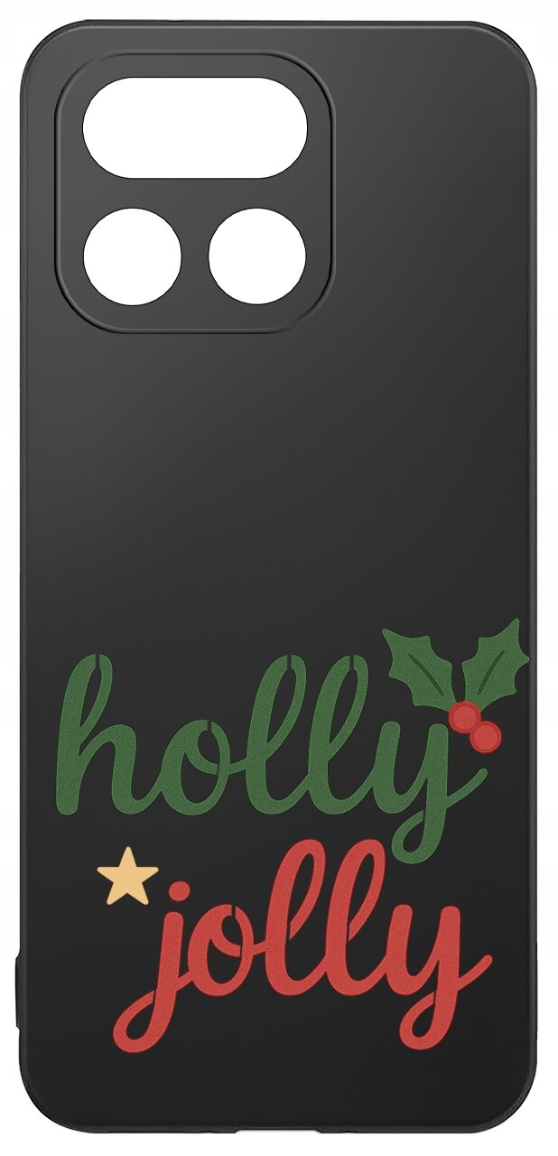 Czarne etui na telefon z wycięciami na aparat, ozdobione napisem \'holly jolly\' oraz grafiką gałązki ostrokrzewu i gwiazdki.