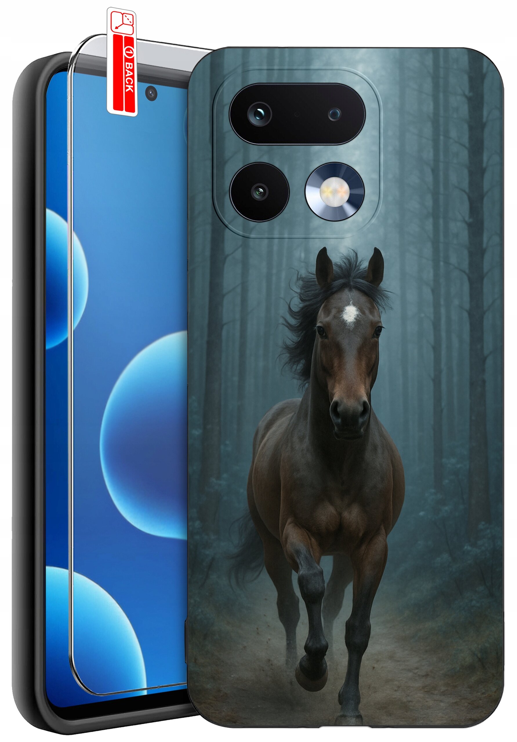 Etui na telefon z nadrukiem galopującego konia w lesie, obok widoczne szkło ochronne z napisem \'BACK\'.