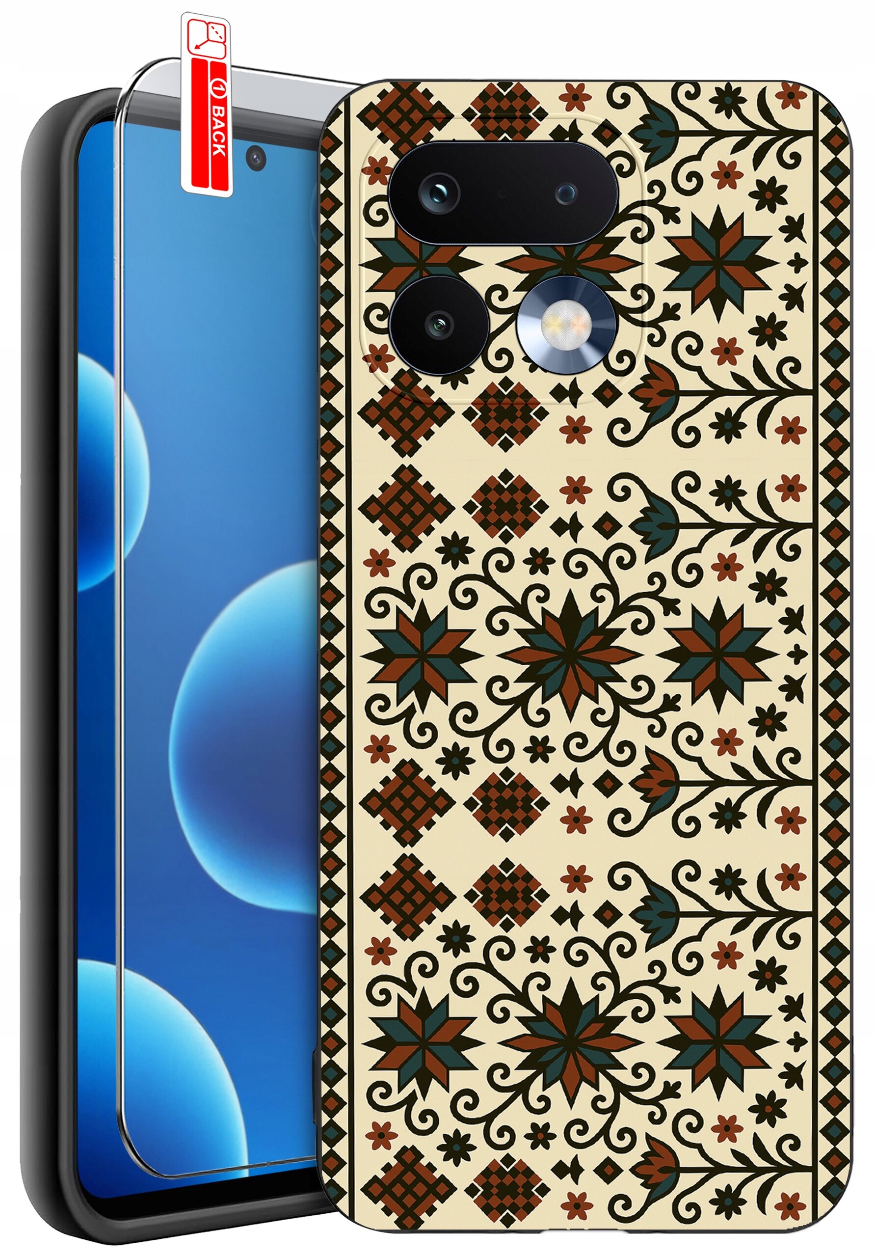 Etui na telefon z kolorowym, geometrycznym wzorem oraz szkło ochronne z napisem \'BACK\'.
