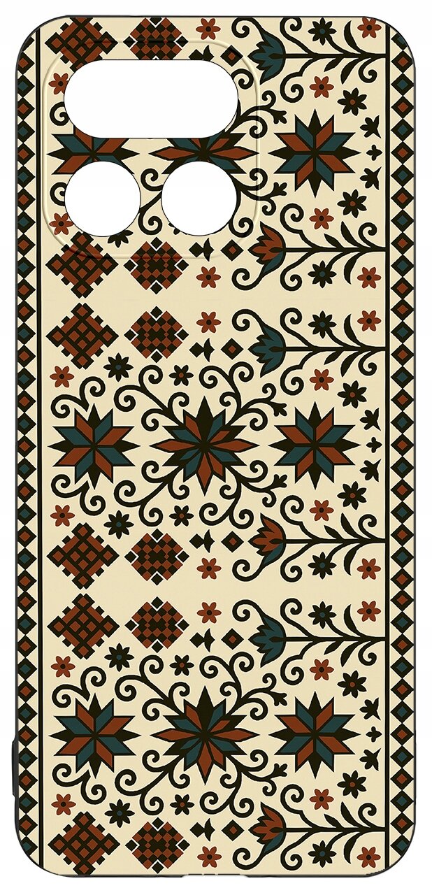 Etui na telefon z kolorowym, geometrycznym wzorem w stylu folkowym, z wycięciami na aparat i przyciski.