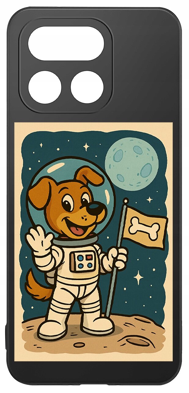 Etui na telefon z grafiką przedstawiającą psa w skafandrze kosmicznym, trzymającego flagę z symbolem kości na tle kosmosu i księżyca.