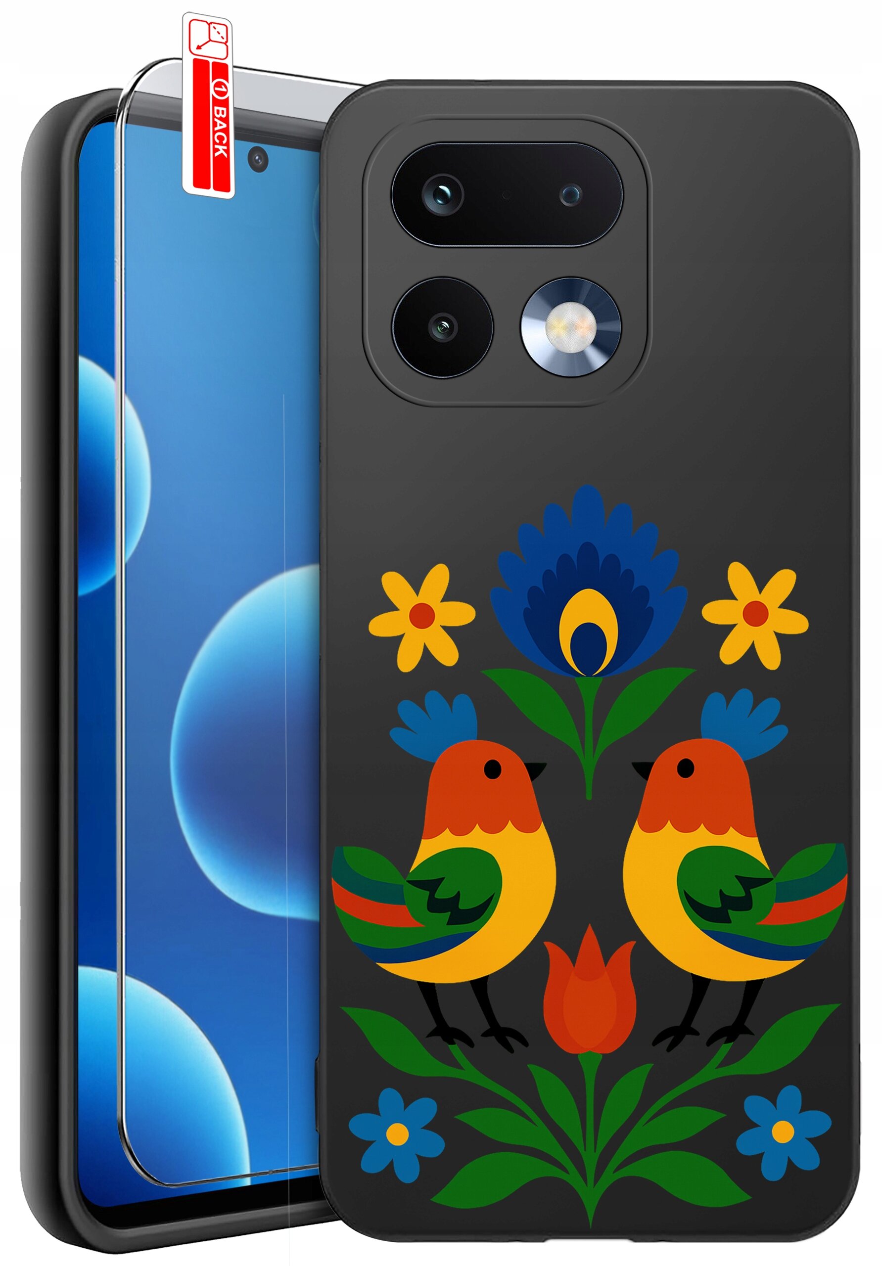Etui na telefon z kolorowym wzorem przedstawiającym dwa ptaki i kwiaty. Obok etui znajduje się szkło ochronne z napisem \'BACK\'.