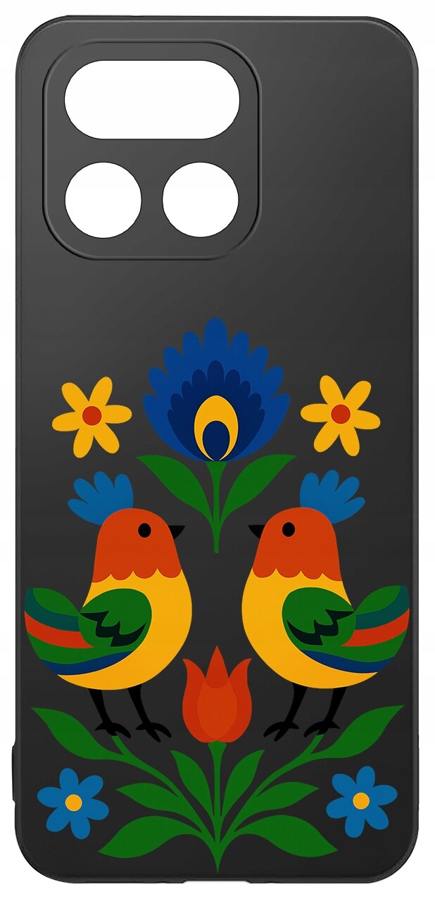 Etui na telefon z kolorowym wzorem przedstawiającym dwa ptaki oraz kwiaty na czarnym tle. Wzór jest symetryczny i zawiera elementy w kolorach żółtym, niebieskim, czerwonym i zielonym.