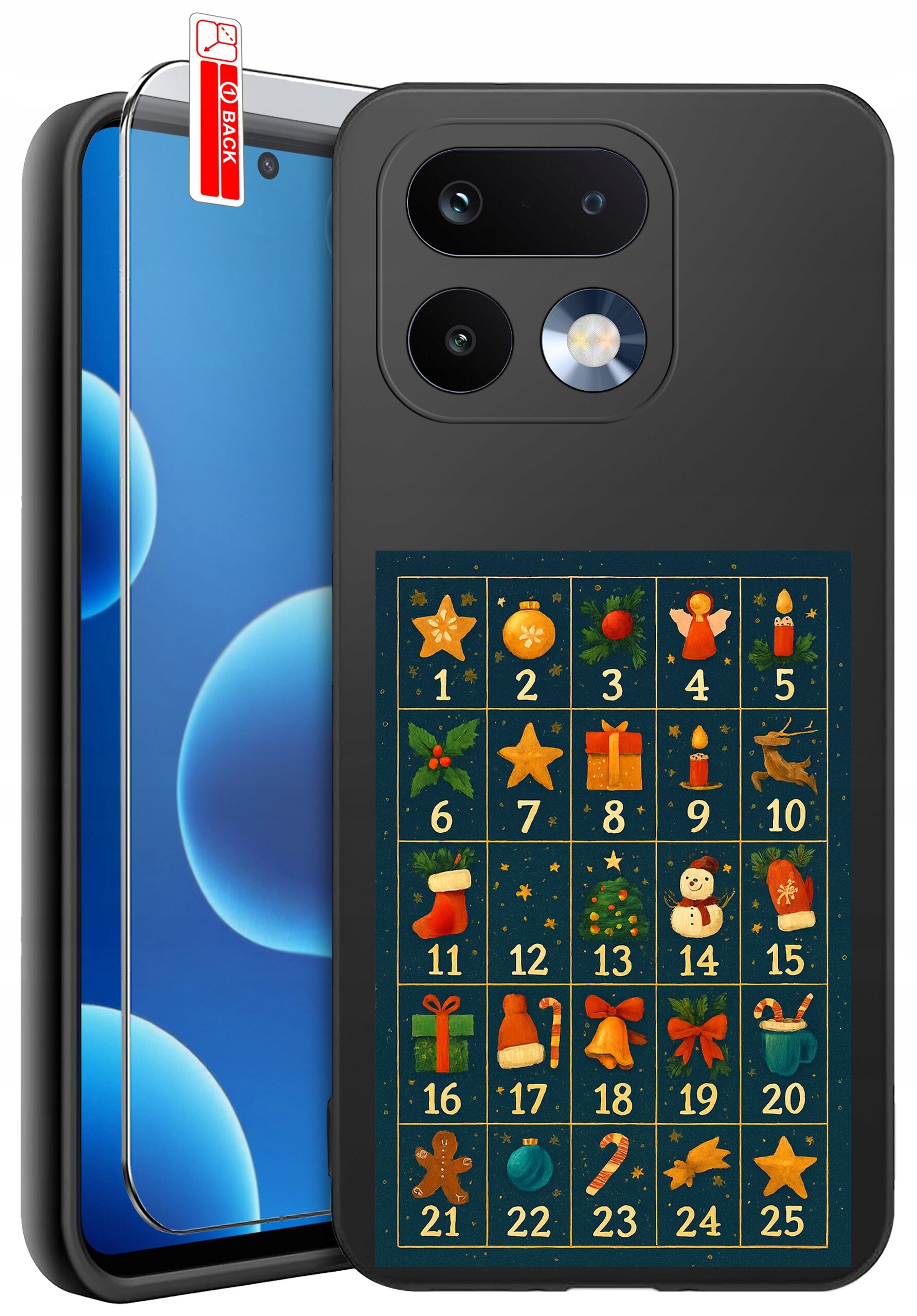 Na obrazie widoczne jest etui na telefon z motywem świątecznym, przedstawiającym numerowane pola z różnymi symbolami, takimi jak gwiazdki, aniołki i prezenty. Obok etui znajduje się szkło ochronne z oznaczeniem \'BACK\'.