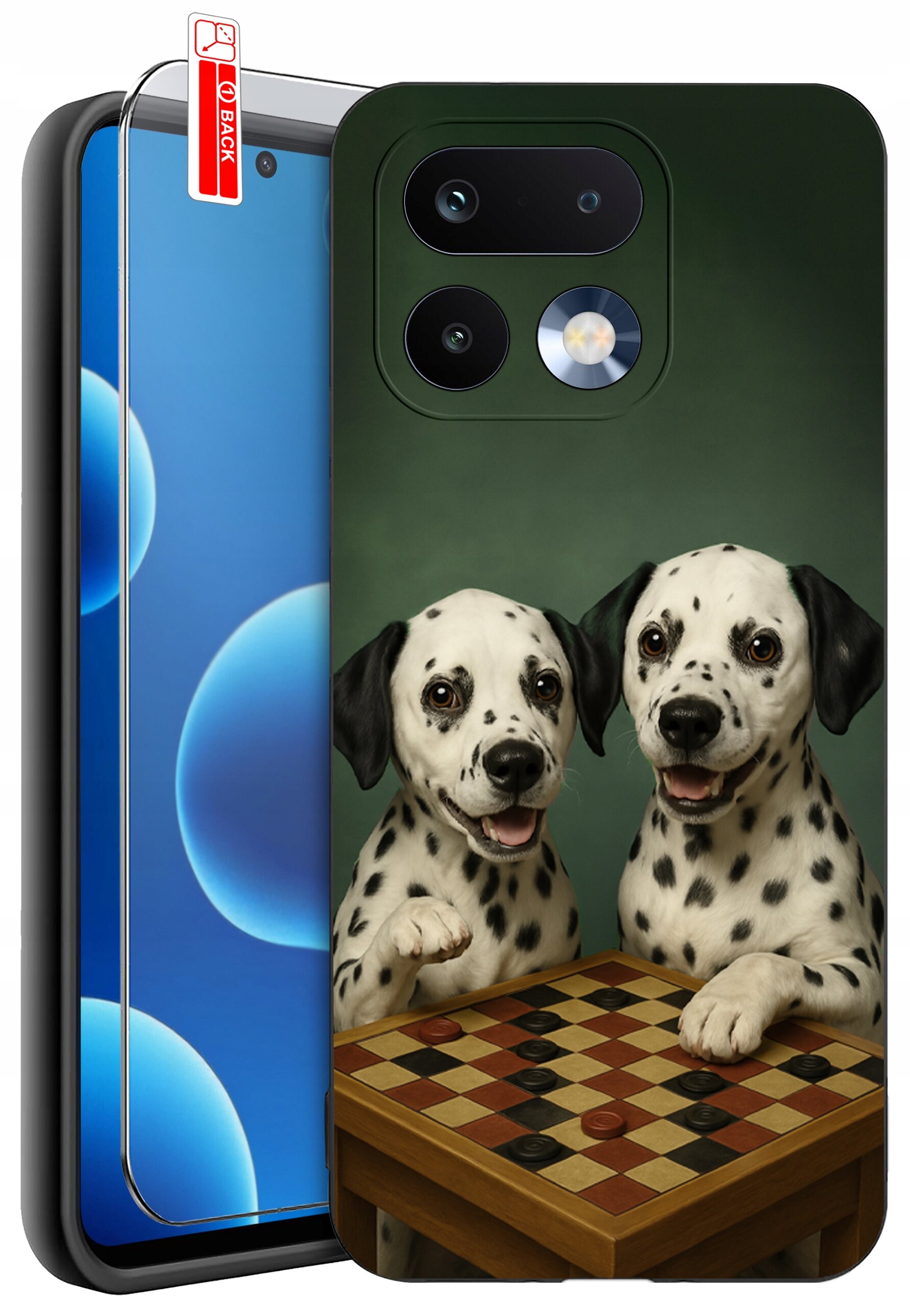 Etui na telefon z nadrukiem dwóch dalmatyńczyków przy stole do gry w warcaby. Obok znajduje się szkło ochronne z napisem \'BACK\'.