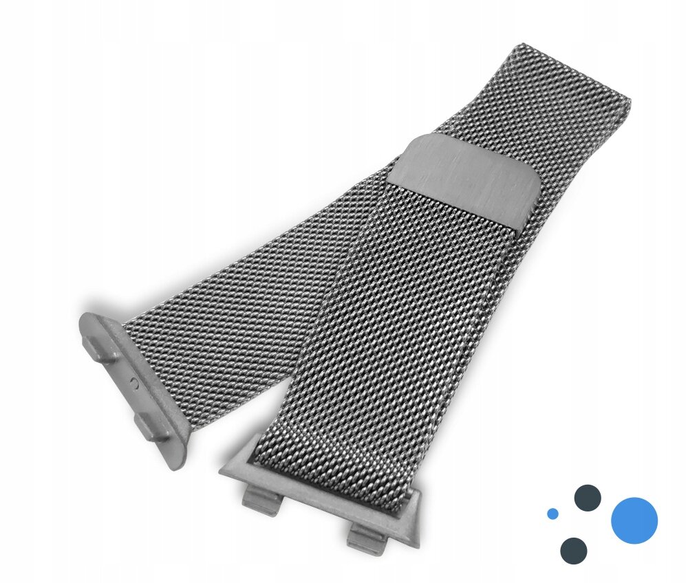 Metalowy pasek do smartwatcha w kolorze srebrnym z zapięciem magnetycznym. W prawym dolnym rogu widoczne są cztery kropki w kolorach czarnym, szarym i niebieskim.