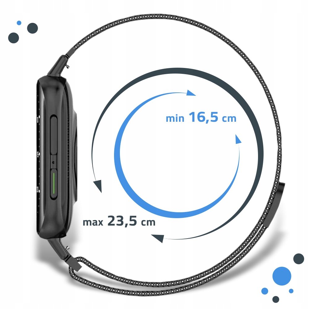 Obraz przedstawia pasek do smartwatcha z oznaczeniami długości: min 16,5 cm i max 23,5 cm. Pasek jest w kolorze różowo-złotym z czarnymi elementami.