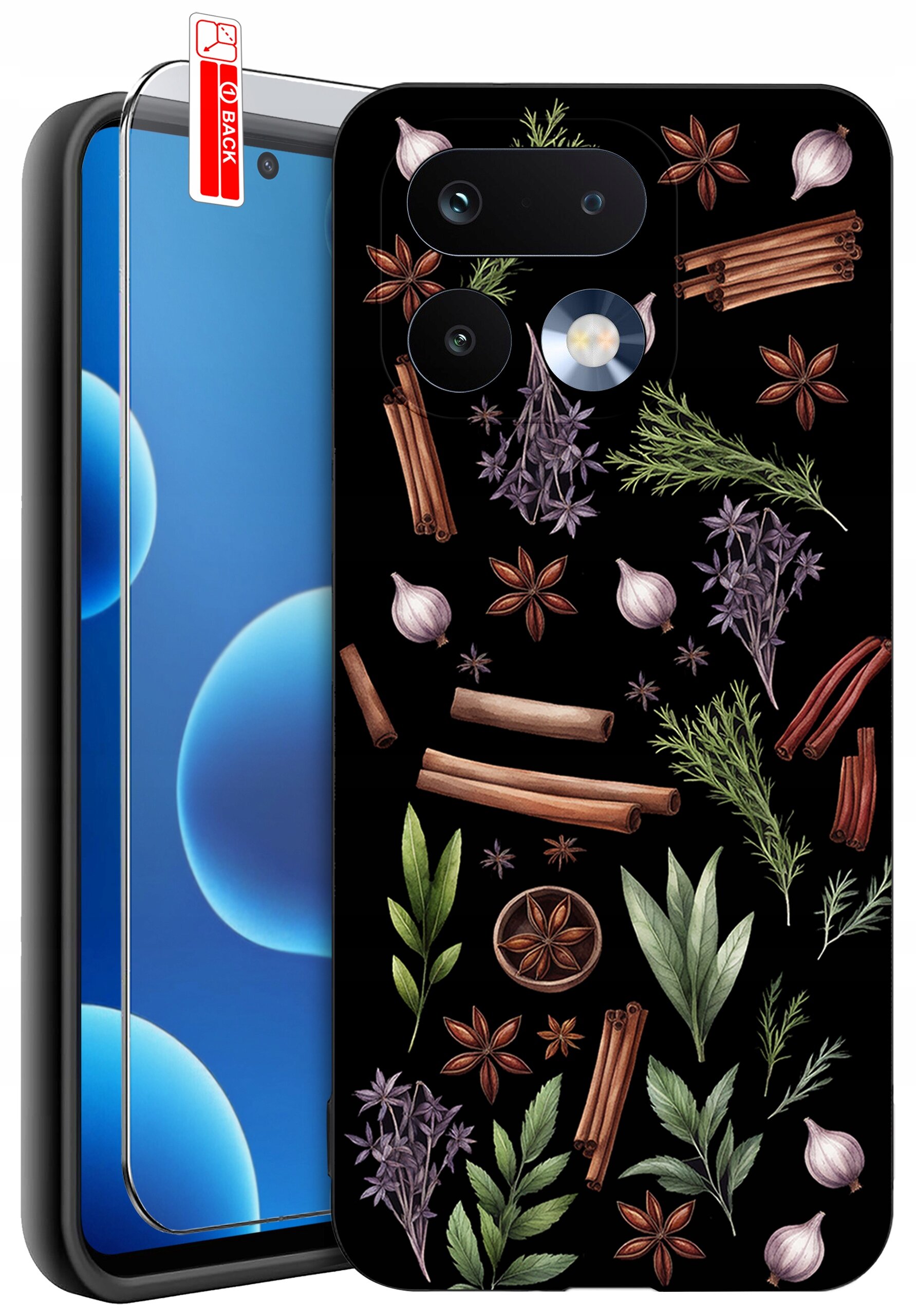 Etui na telefon z wzorem przypraw i ziół, takich jak cynamon, anyż, czosnek i liście, na czarnym tle. Obok etui znajduje się szkło ochronne z napisem \'BACK\'.