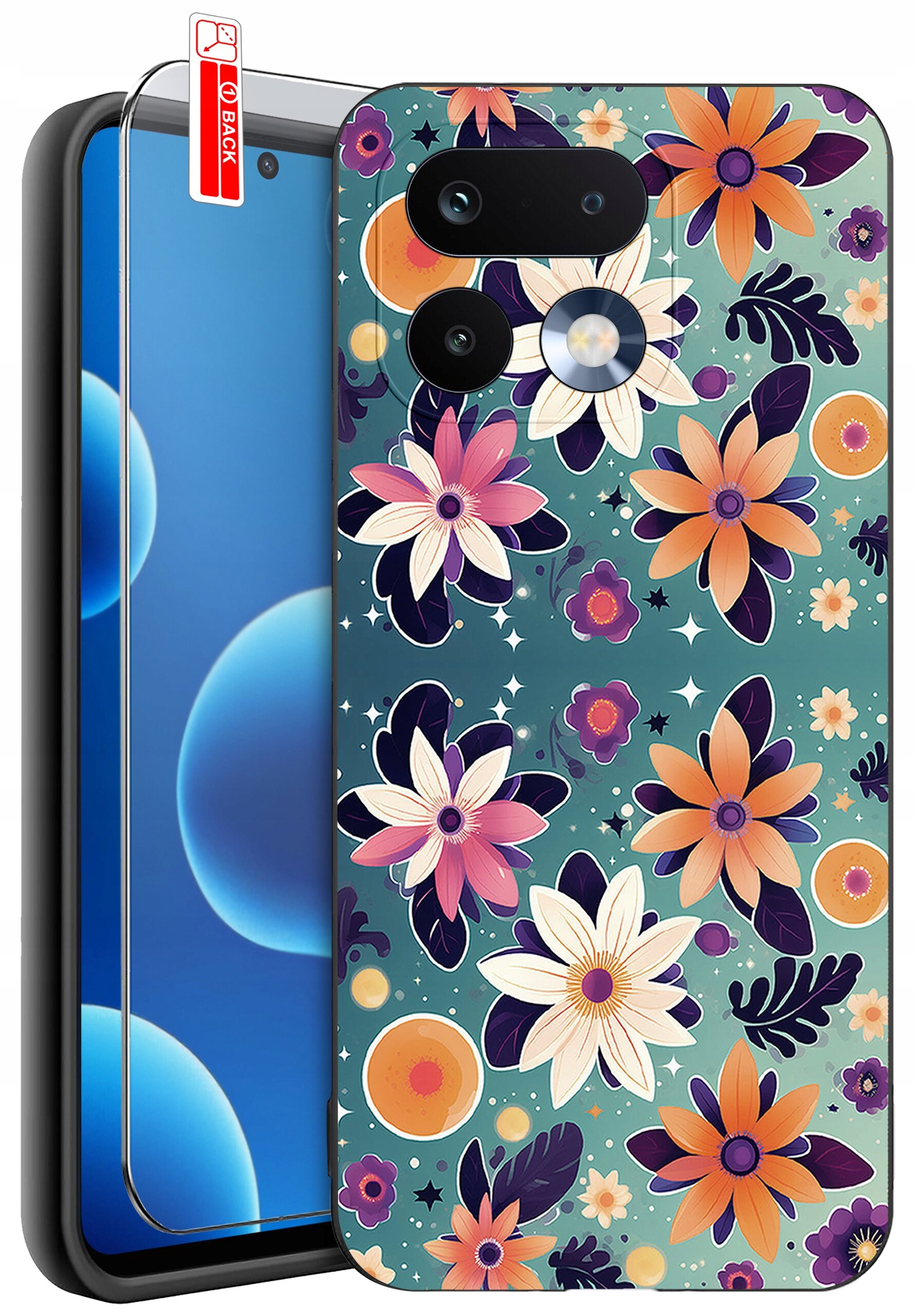 Etui na telefon z kolorowym wzorem kwiatowym w odcieniach pomarańczowego, różowego i fioletowego. Obok etui znajduje się szkło ochronne z napisem \'BACK\'.