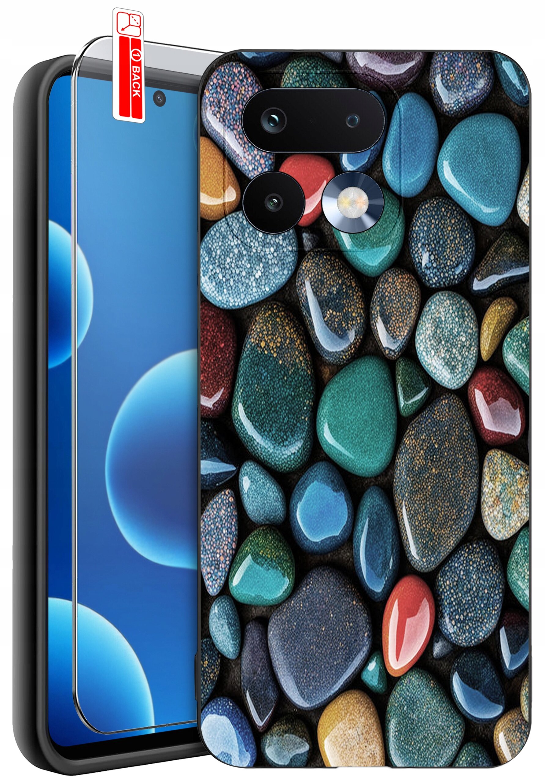 Obraz przedstawia telefon z nałożonym etui o wzorze kolorowych kamieni. Na ekranie telefonu widoczne są niebieskie okręgi, a na etui znajduje się napis \'BACK\'.