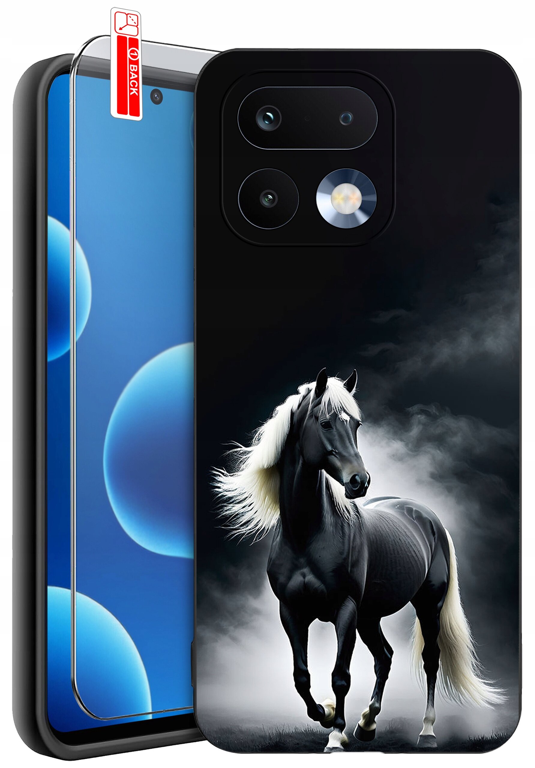 Etui na telefon z nadrukiem czarnego konia na tle chmur, obok znajduje się szkło ochronne z napisem \'BACK\'.