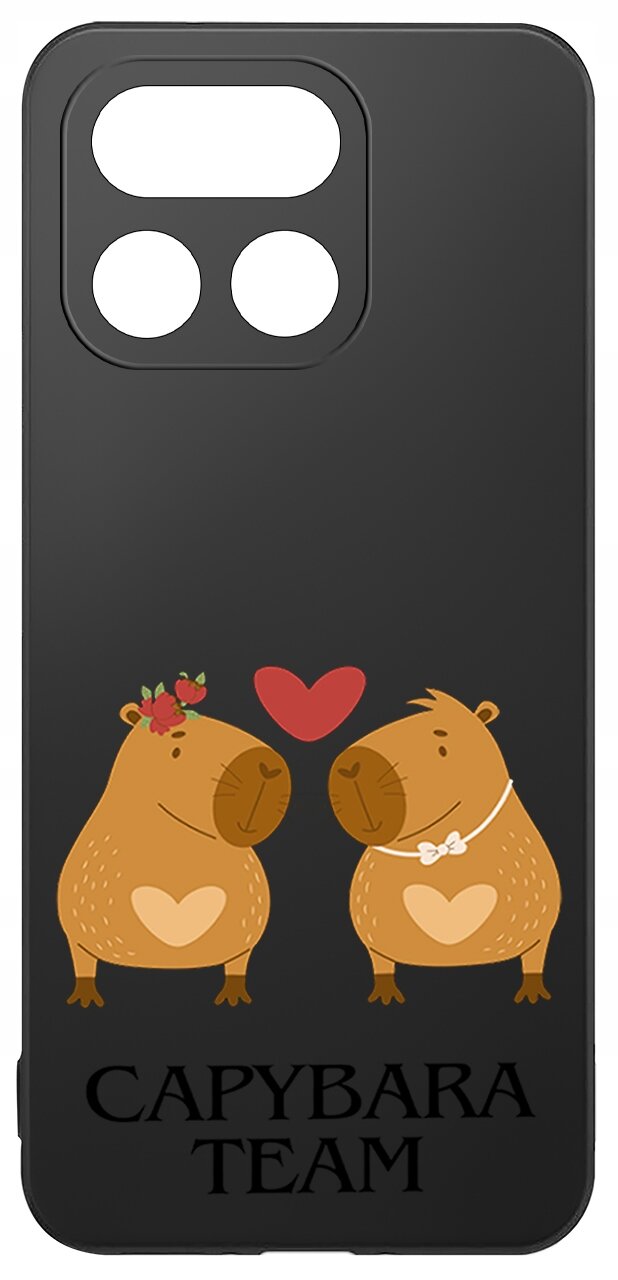 Czarne etui z grafiką dwóch kapibar z sercami na brzuchach, nad którymi unosi się czerwone serce. Na dole widnieje napis \'CAPYBARA TEAM\'.