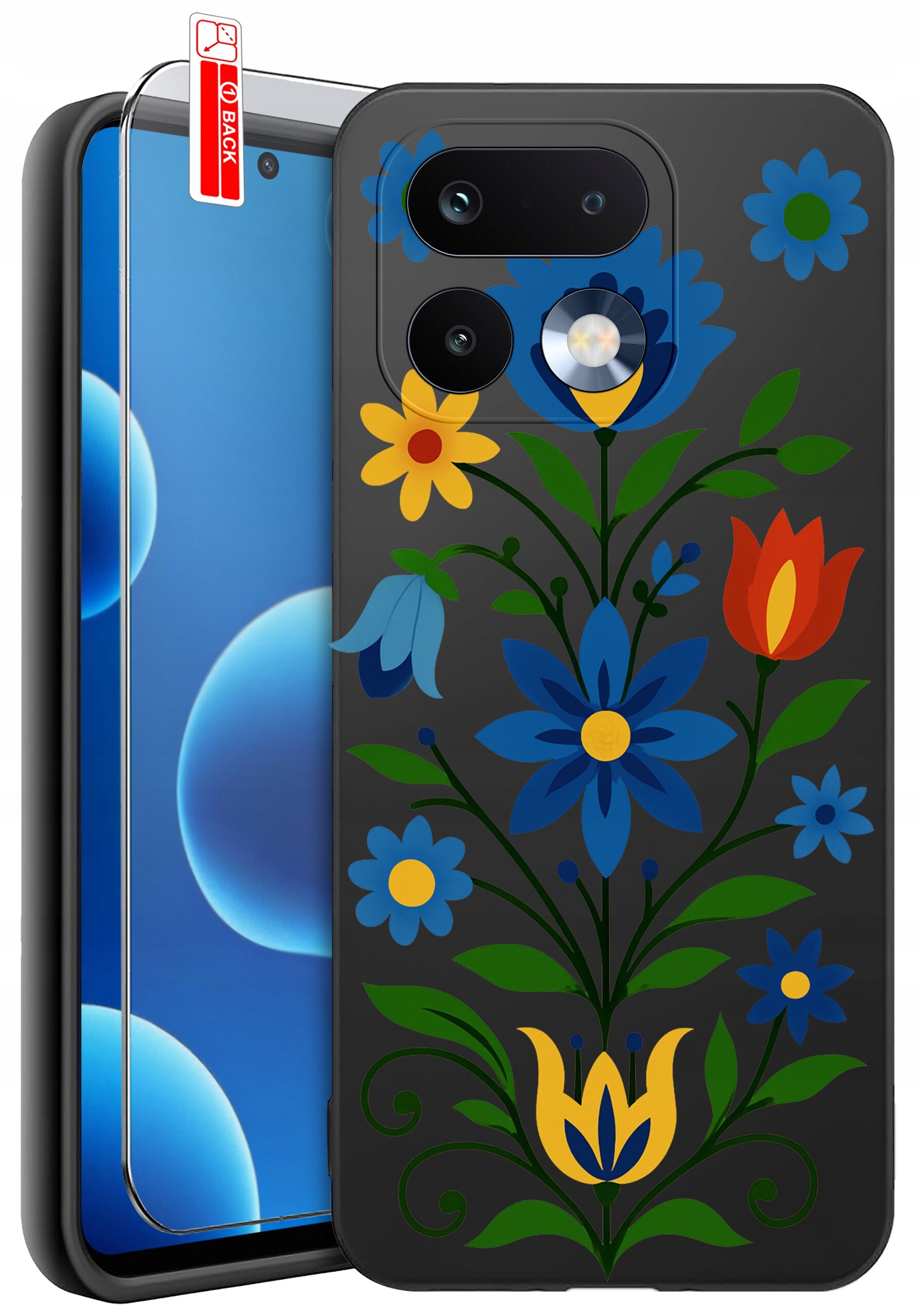 Etui na telefon z kolorowym wzorem kwiatowym na ciemnym tle, obok znajduje się szkło ochronne z napisem \'BACK\'.