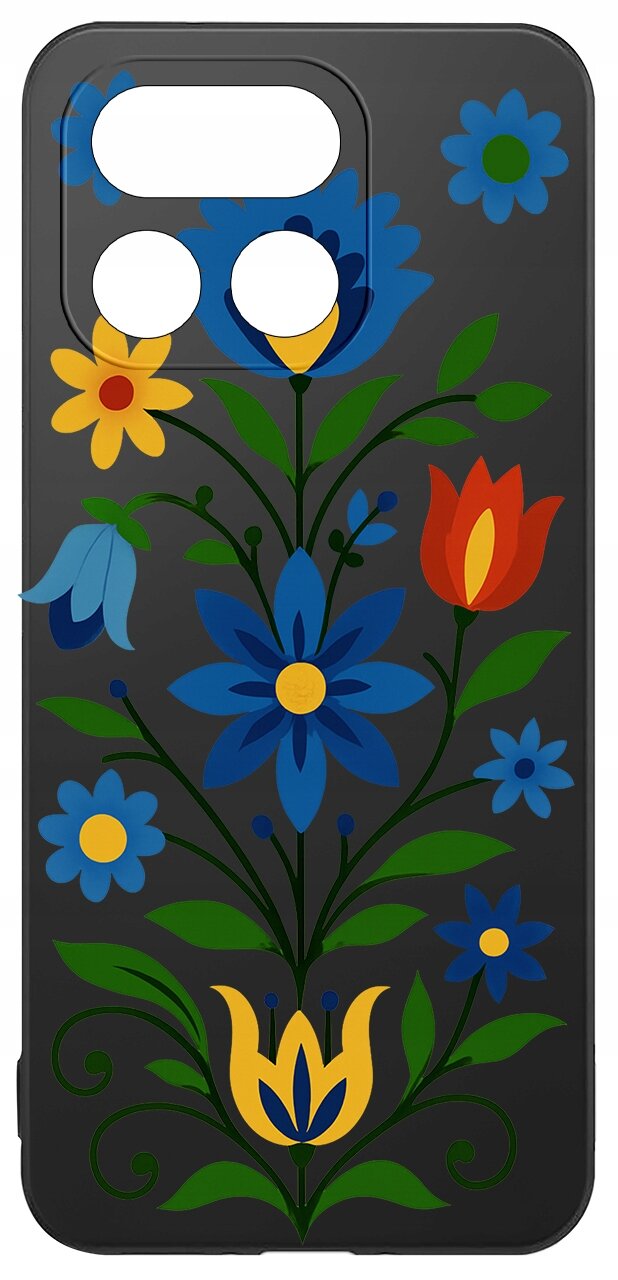 Etui na telefon z kolorowym wzorem kwiatowym na czarnym tle, z wycięciami na aparat i inne elementy.