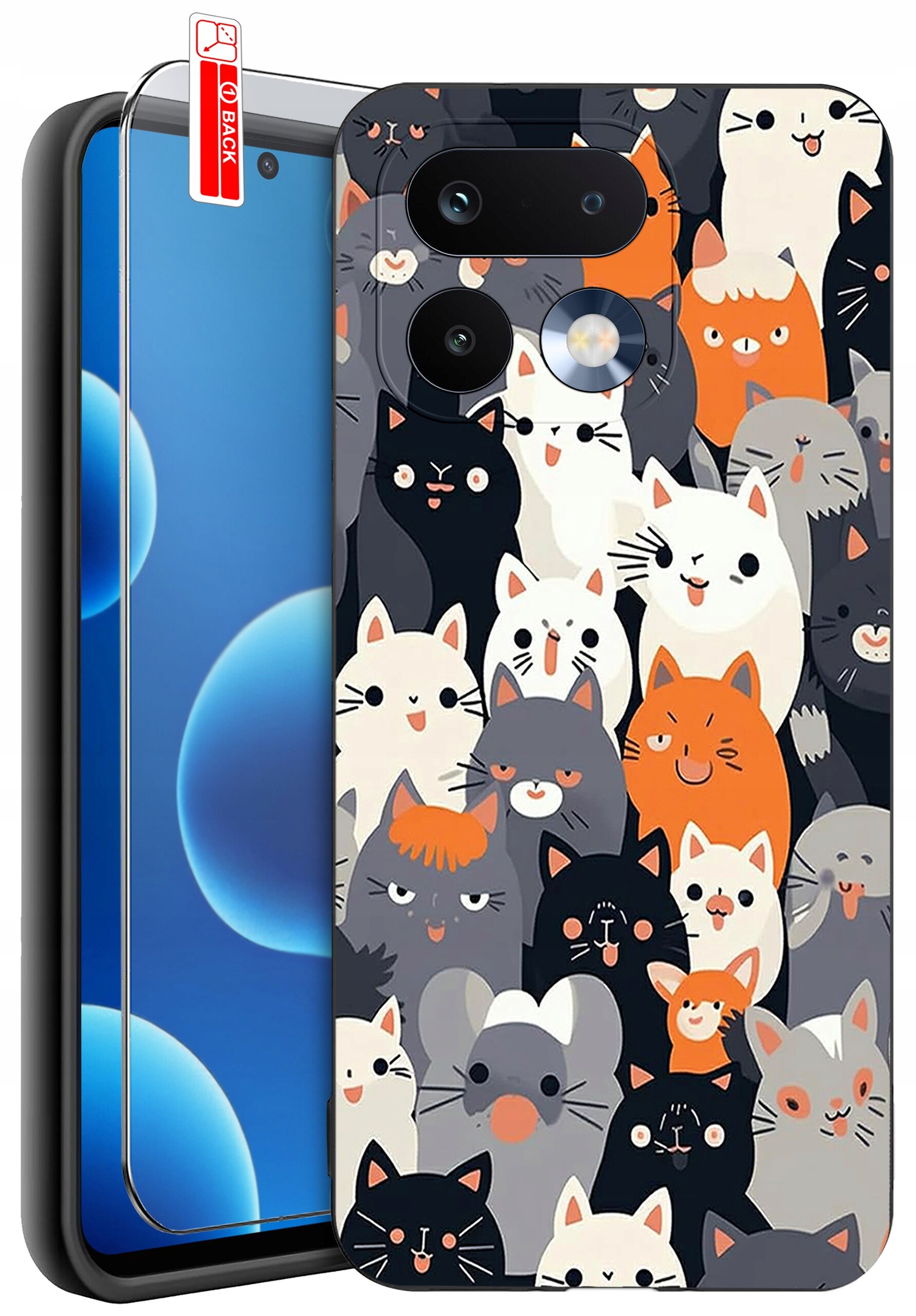 Etui na telefon z wzorem przedstawiającym różnokolorowe koty, obok którego znajduje się szkło ochronne z napisem \'BACK\'.